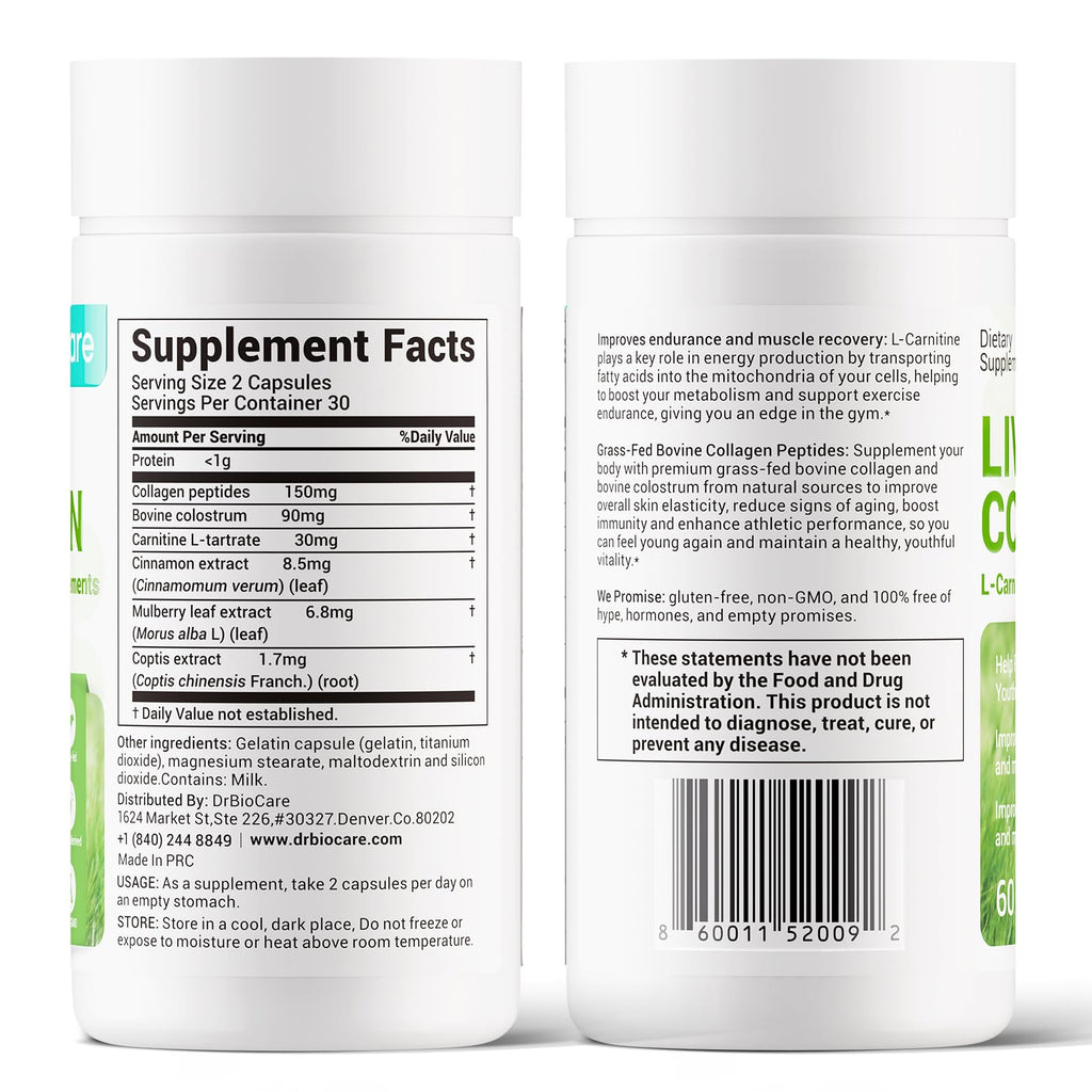 DrBioCare Living Collagen L-Carnitine Complex – Grass-Fed Collagen, Colostrum & More | 120 Capsules