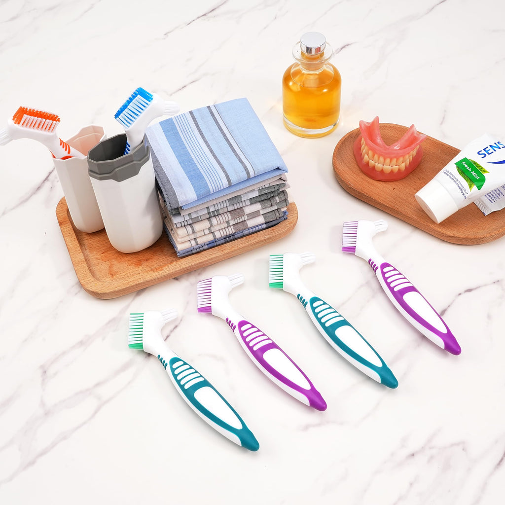 6 Pcs Denture Brush Set for False Teeth with White Carrying Case – Double-Sided Design, Multi-Layered Soft Bristles, Rubber Anti-Slip Handle, 4 Colors