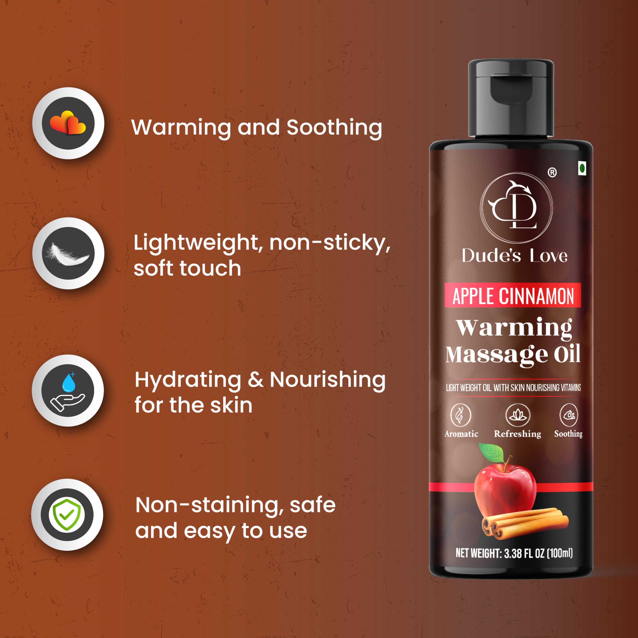 Dude's Love Apple Cinnamon Warming Massage Oil - Organic, Vegan, 3.38 oz