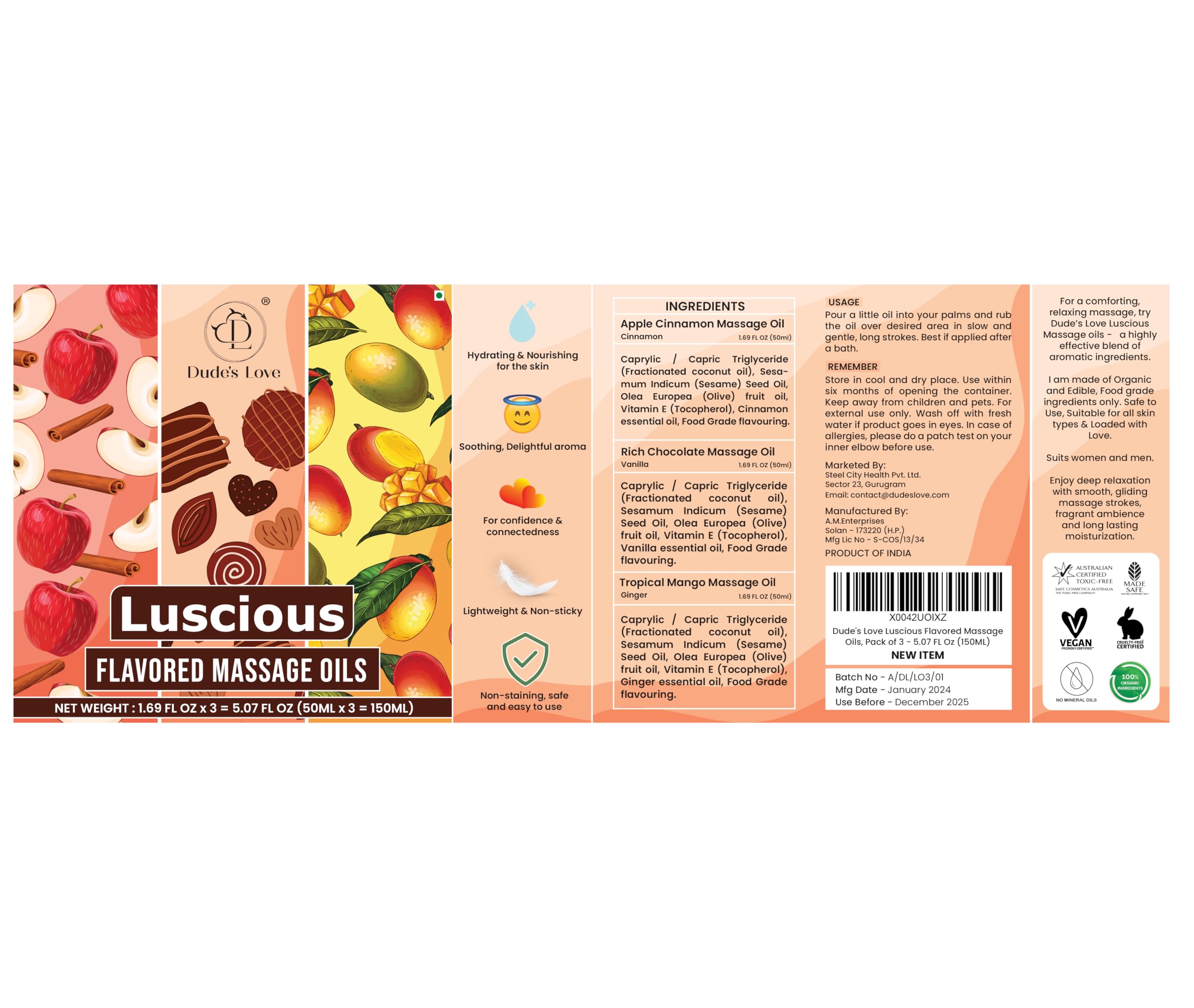 Dude's Love Luscious Flavored Massage Oil Set – Organic Vegan, Pack of 3 (Apple Cinnamon, Mango Ginger, Rich Chocolate) 1.69 fl oz