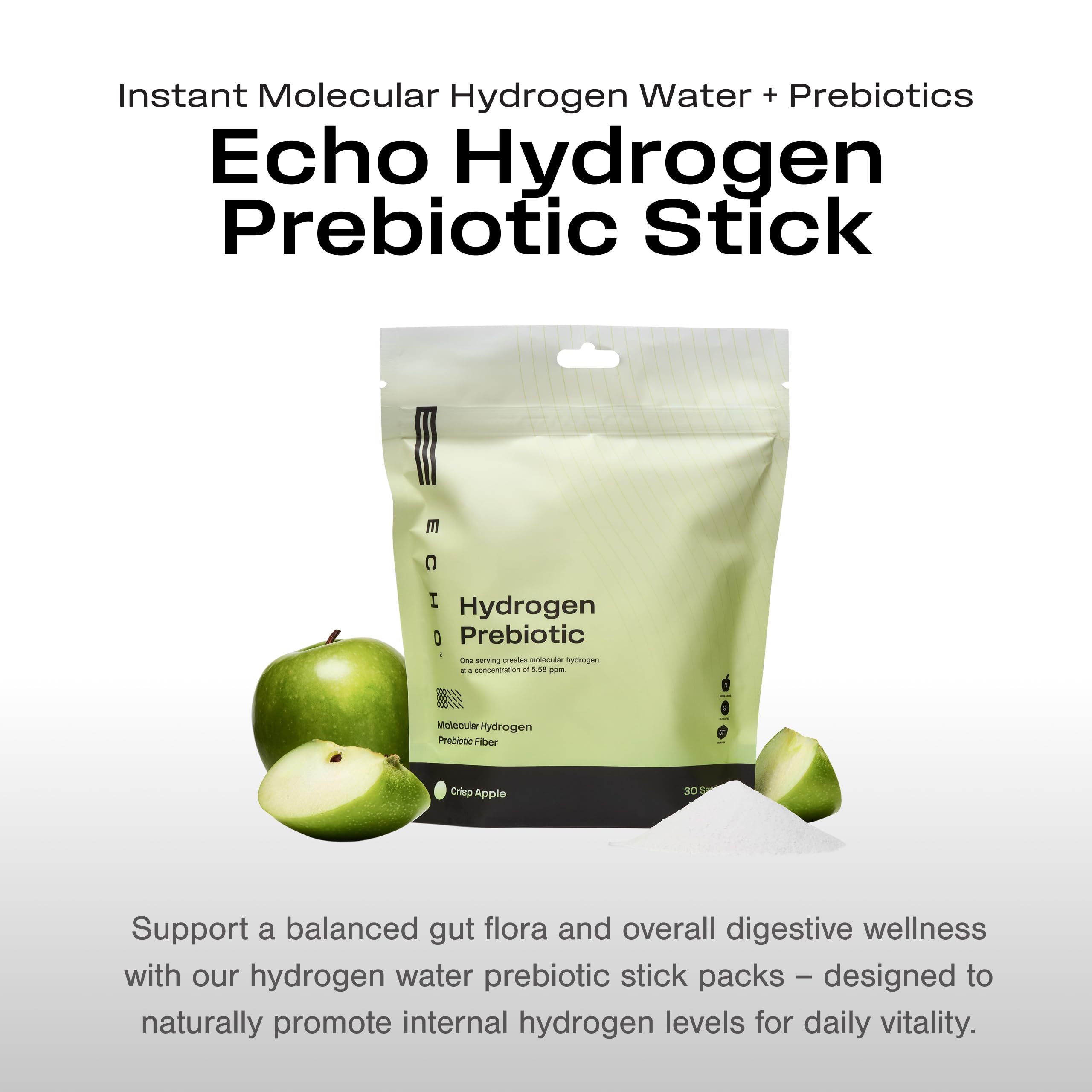 Echo Hydrogen Prebiotic Drink Mix – Digestive Health & On-The-Go Hydration – Crisp Apple (30 Count)