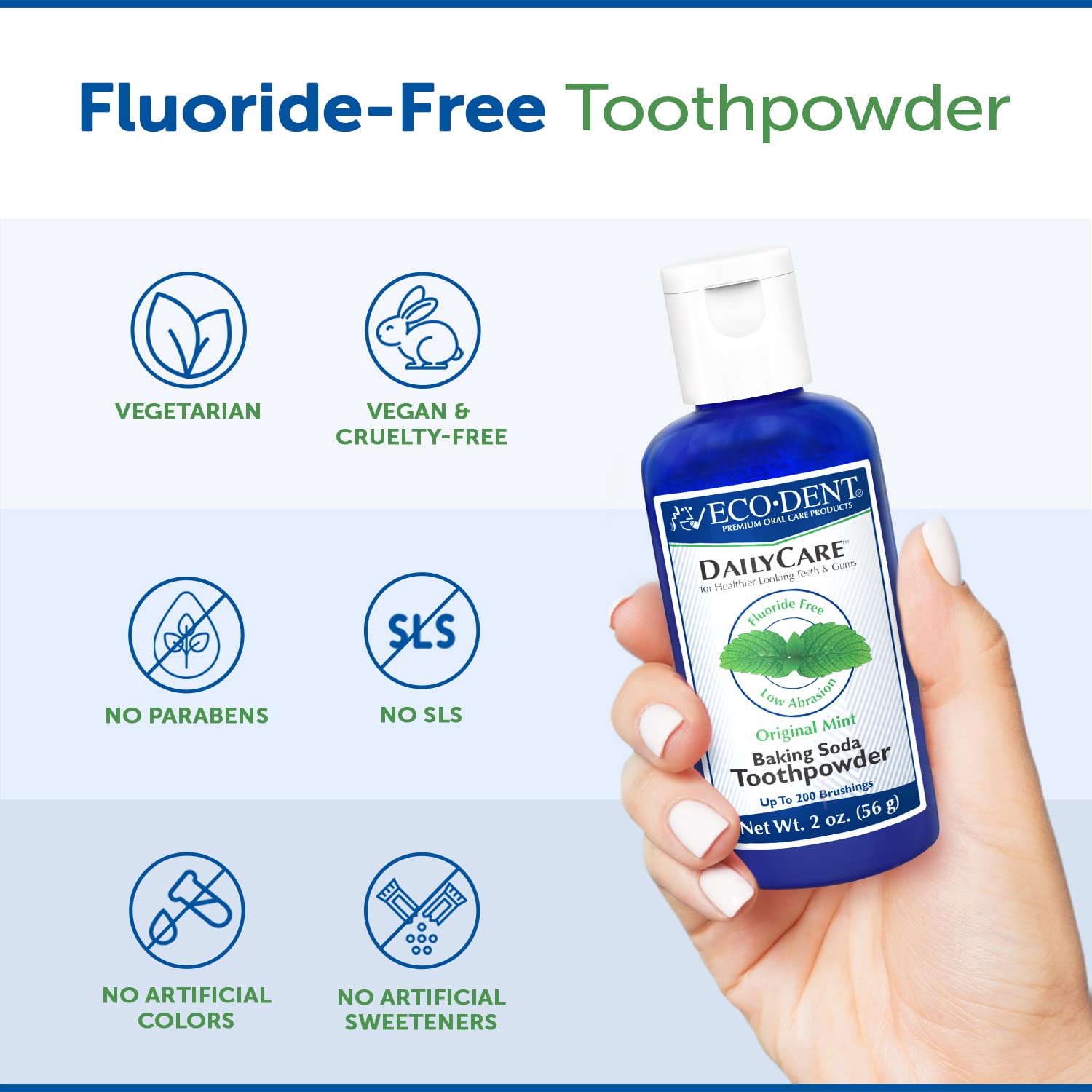 Eco-Dent DailyCare Baking Soda Tooth Powder – Mint, Fluoride-Free, SLS-Free, 2 oz Each (Pack of 6)