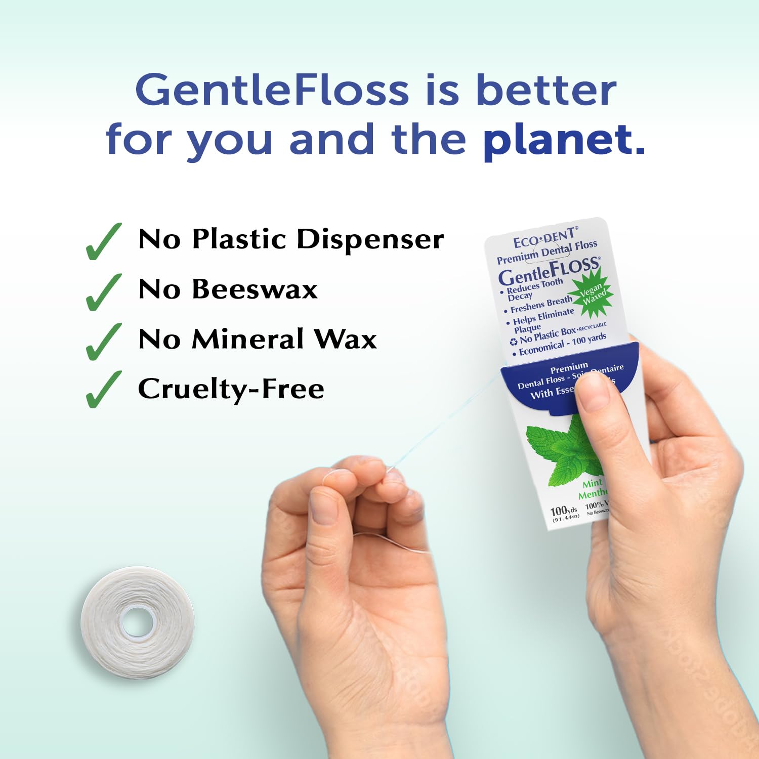 Eco-Dent GentleFloss Dental Floss – Waxed Mint, 100 Yds + DailyRinse Pack