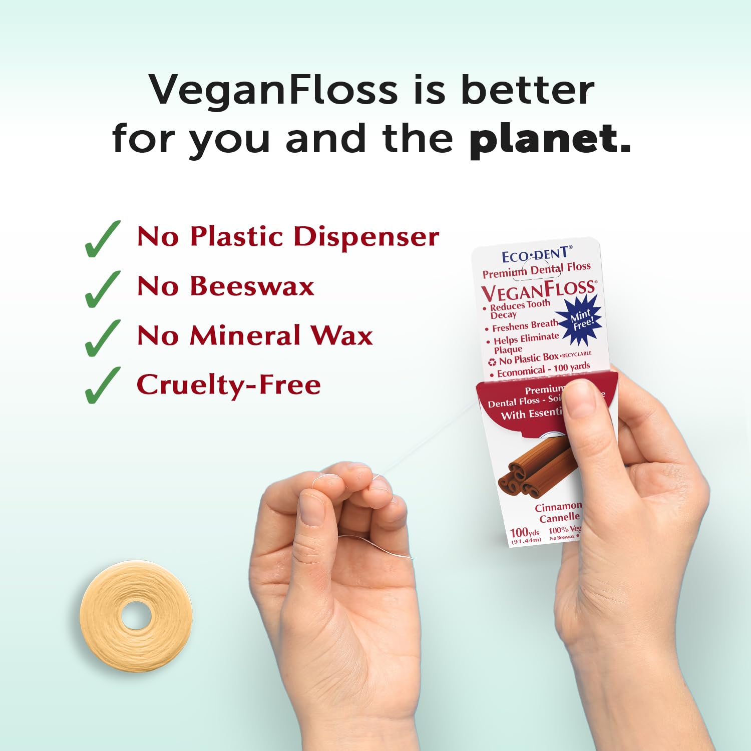 Eco-Dent VeganFloss Dental Floss - Cinnamon Waxed, Plant-Based Wax, 100 Yds (Pack of 6)