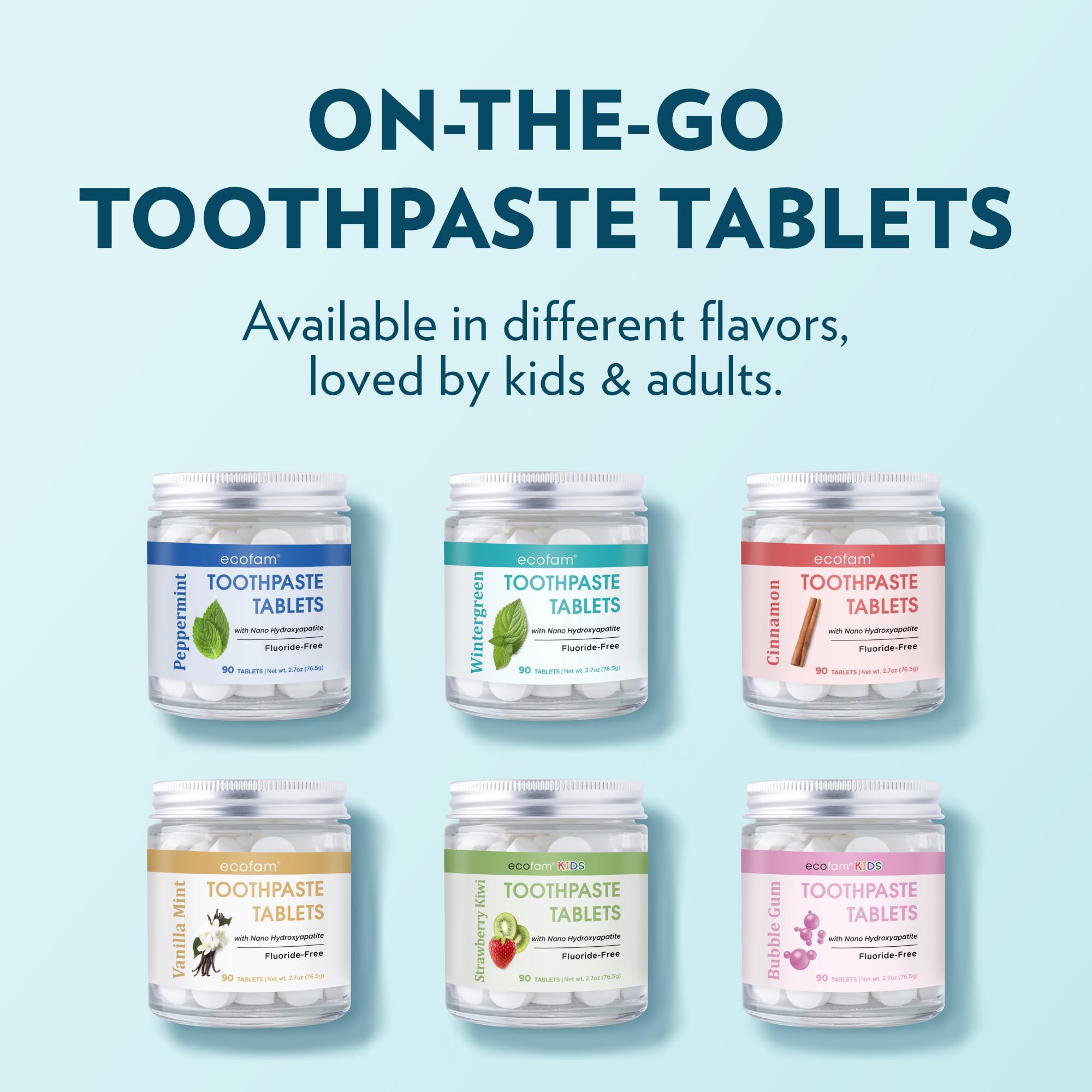 EcoFam Toothpaste Tablets Bubblegum for Kids – Nano Hydroxyapatite, Fluoride Free, 90 Tabs