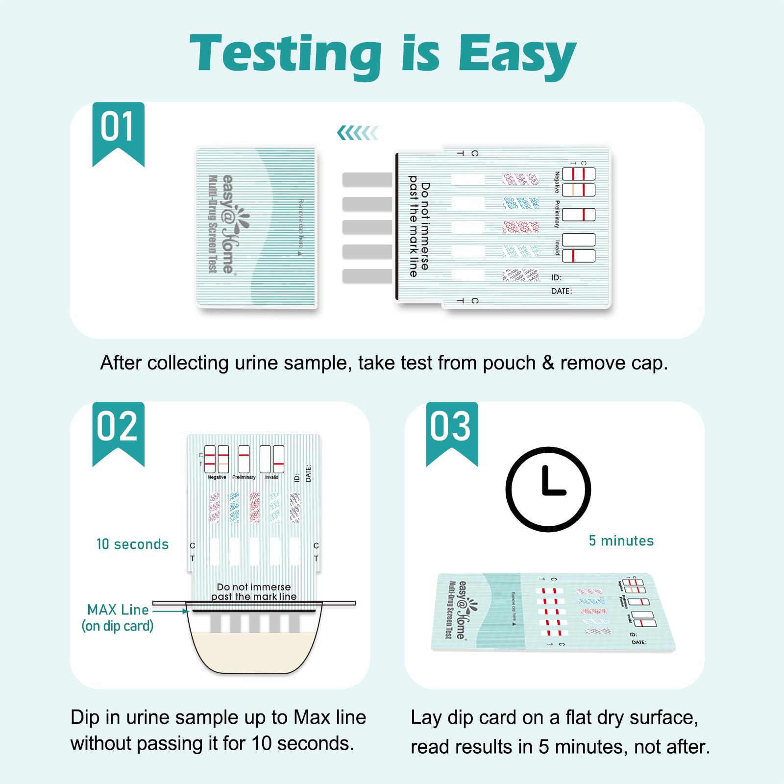 Easy@Home Multi-Drug Screen Test – 5 Pack Urine Drug Tests Kit (BZO/COC/THC/MET/MOR/OXY/BAR/BUP/MTD/TCA) | Instant Marijuana Test #EDOAP-7104