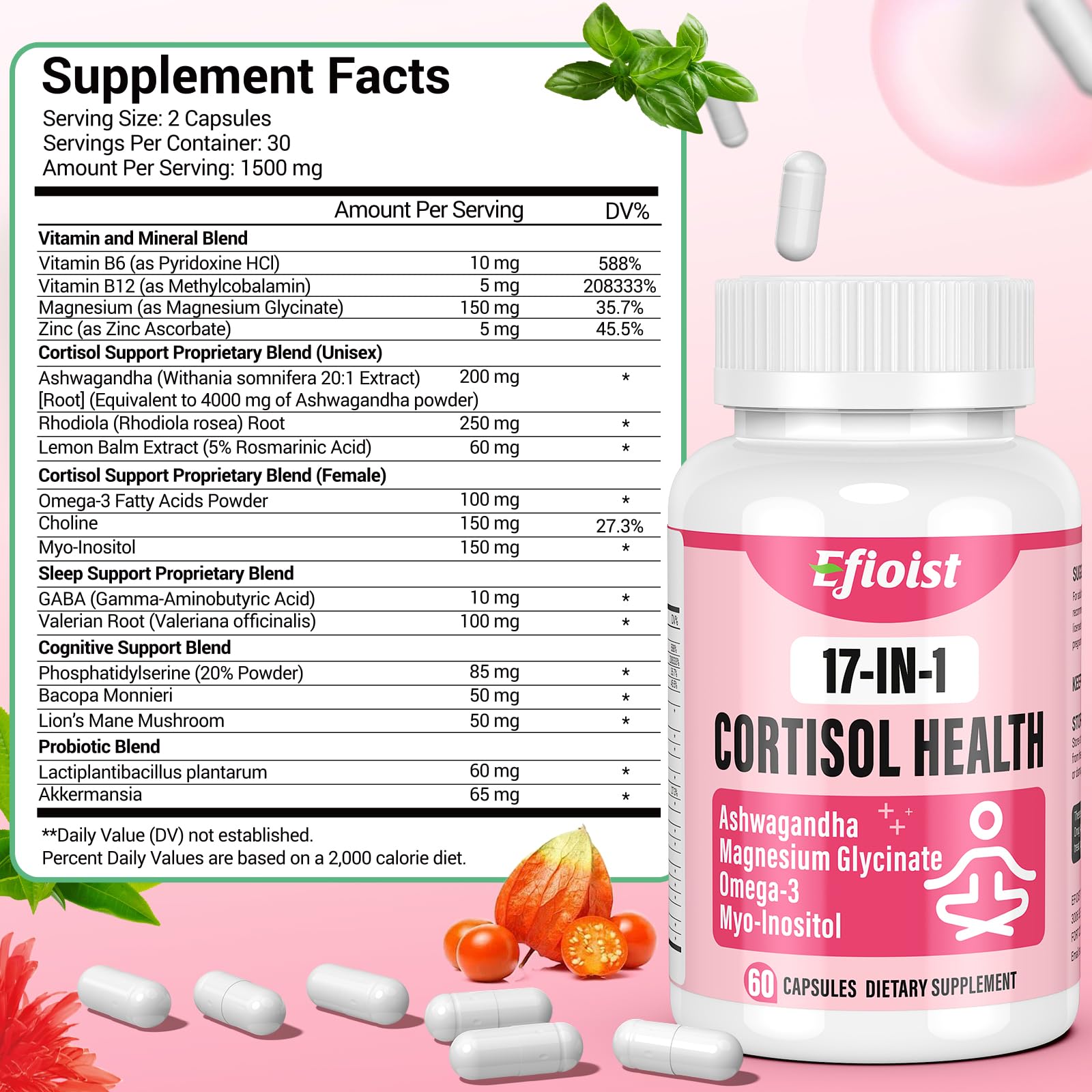 Efioist Cortisol Support for Women — 17-in-1 Hormone Harmony, Mood & Sleep | 60 Capsules