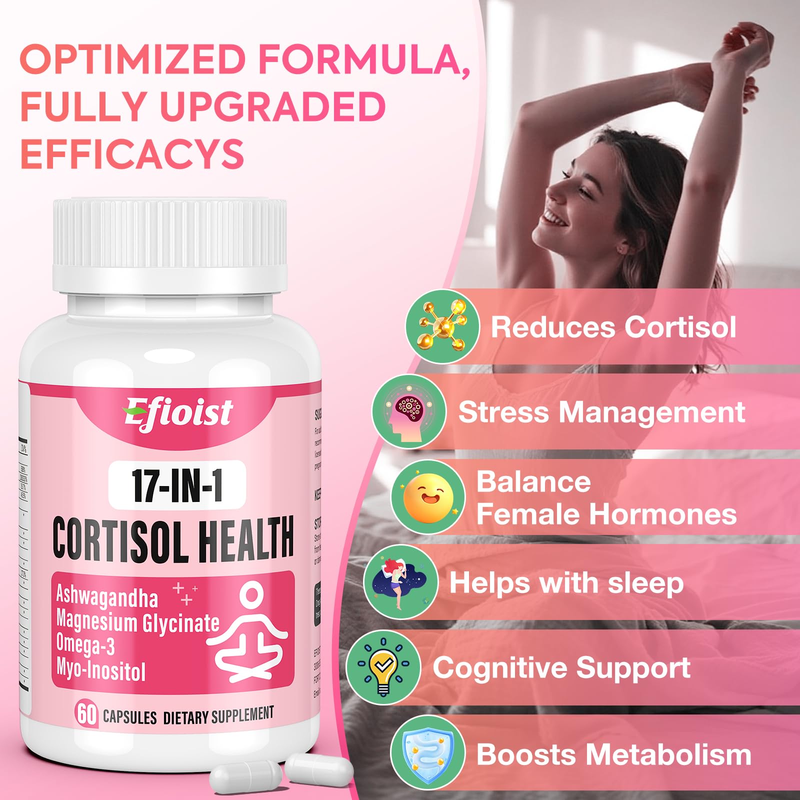 Efioist Cortisol Support for Women — 17-in-1 Hormone Harmony, Mood & Sleep | 60 Capsules