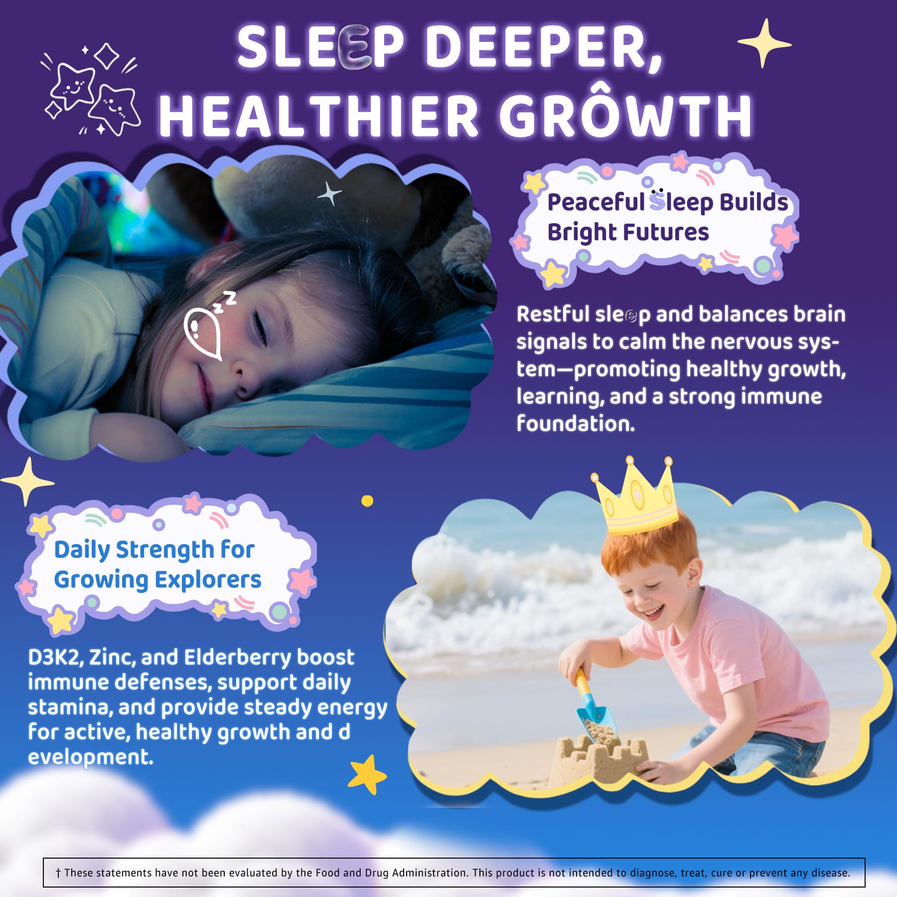 Kids Sleep Gummies - No Melatonin with Magnesium Glycinate, L-Theanine, Zinc & D3K2 | Immune Support