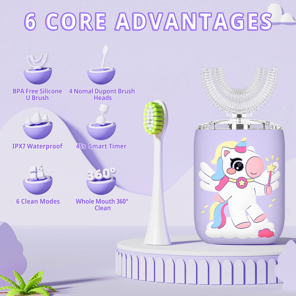 ELOTAME Kids Electric U-Shaped Unicorn Toothbrush – 4 Soft Heads, 6 Modes, Rechargeable Sonic, IPX7, Purple (Ages 2-15)