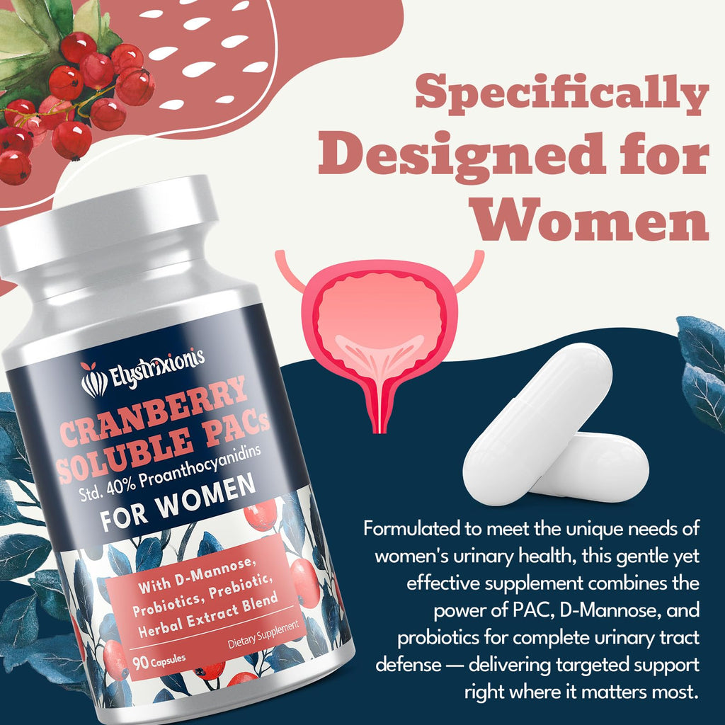 Elystrixionis 72mg PAC Cranberry Pills for Women - 180 Capsules | Urinary Tract Health with D-Mannose