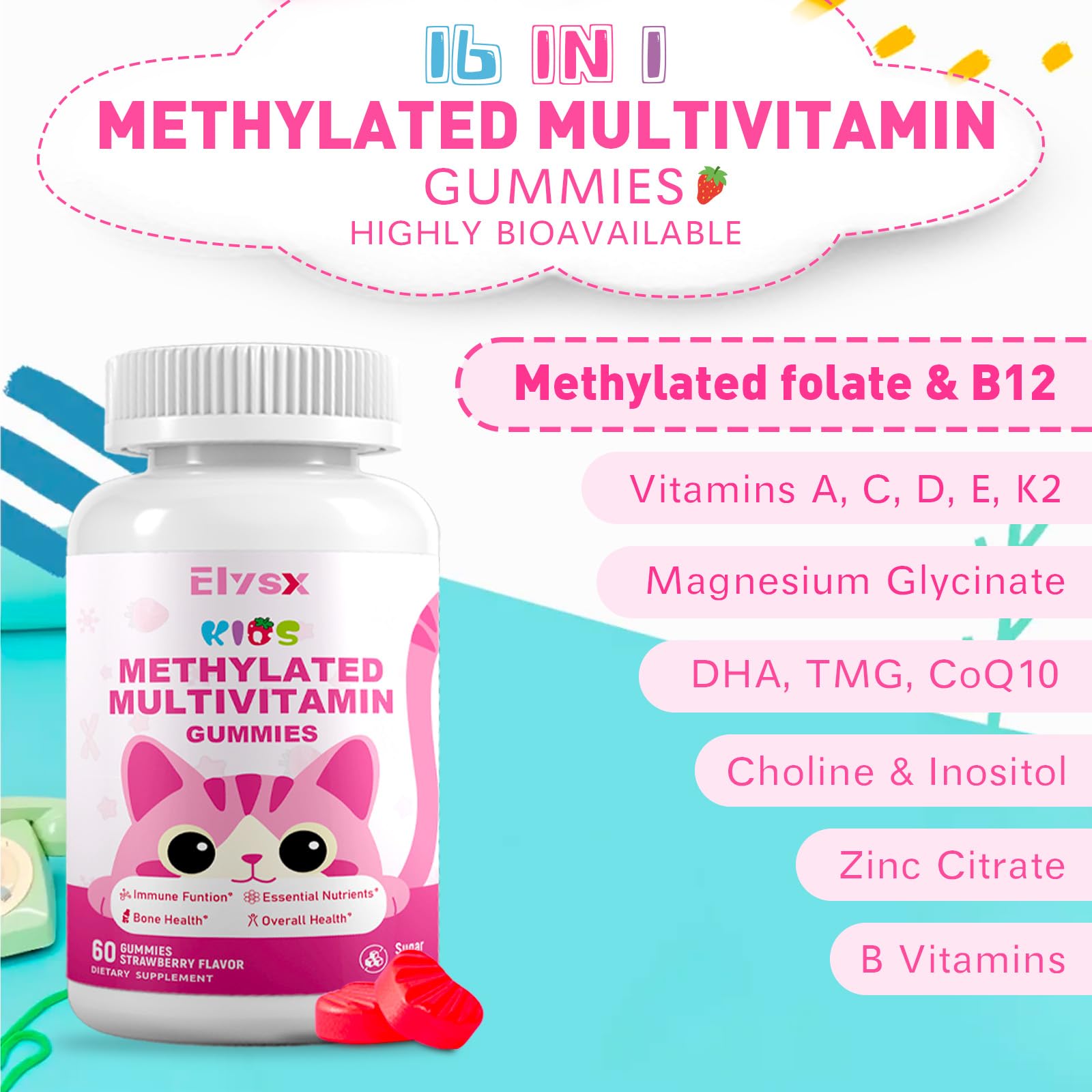 Elysx Kids Methylated Multivitamin Gummies – Immune & Brain Support, Strawberry, 60 Count