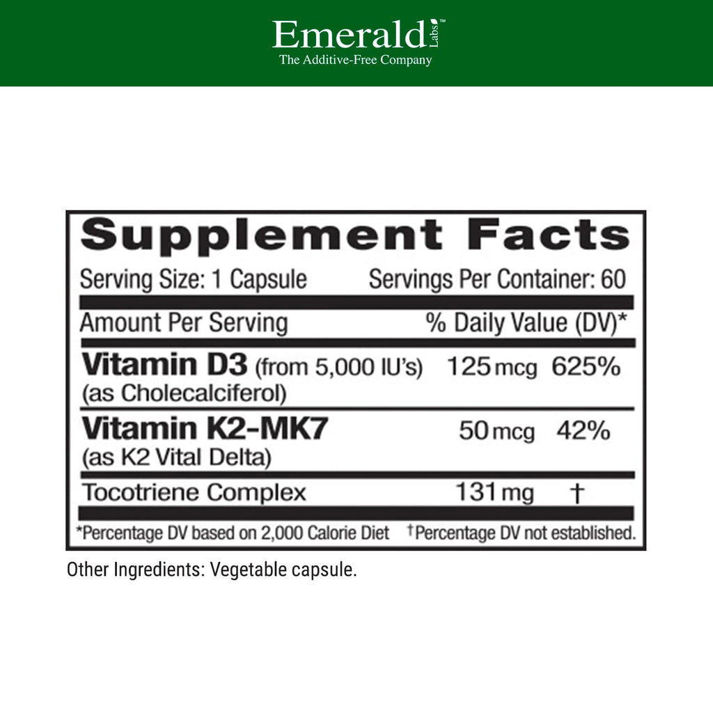 EMERALD LABS Vitamin D3+K2 5000 IU MK-7 - 60 Veg Capsules (Pack of 2) for Bone & Heart Health