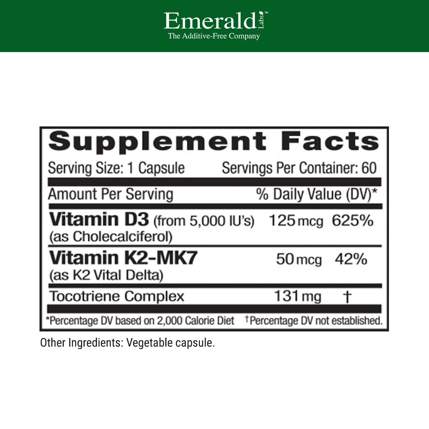 EMERALD LABS Vitamin D3+K2 5000 IU MK-7 - 60 Veg Capsules (Pack of 2) for Bone & Heart Health