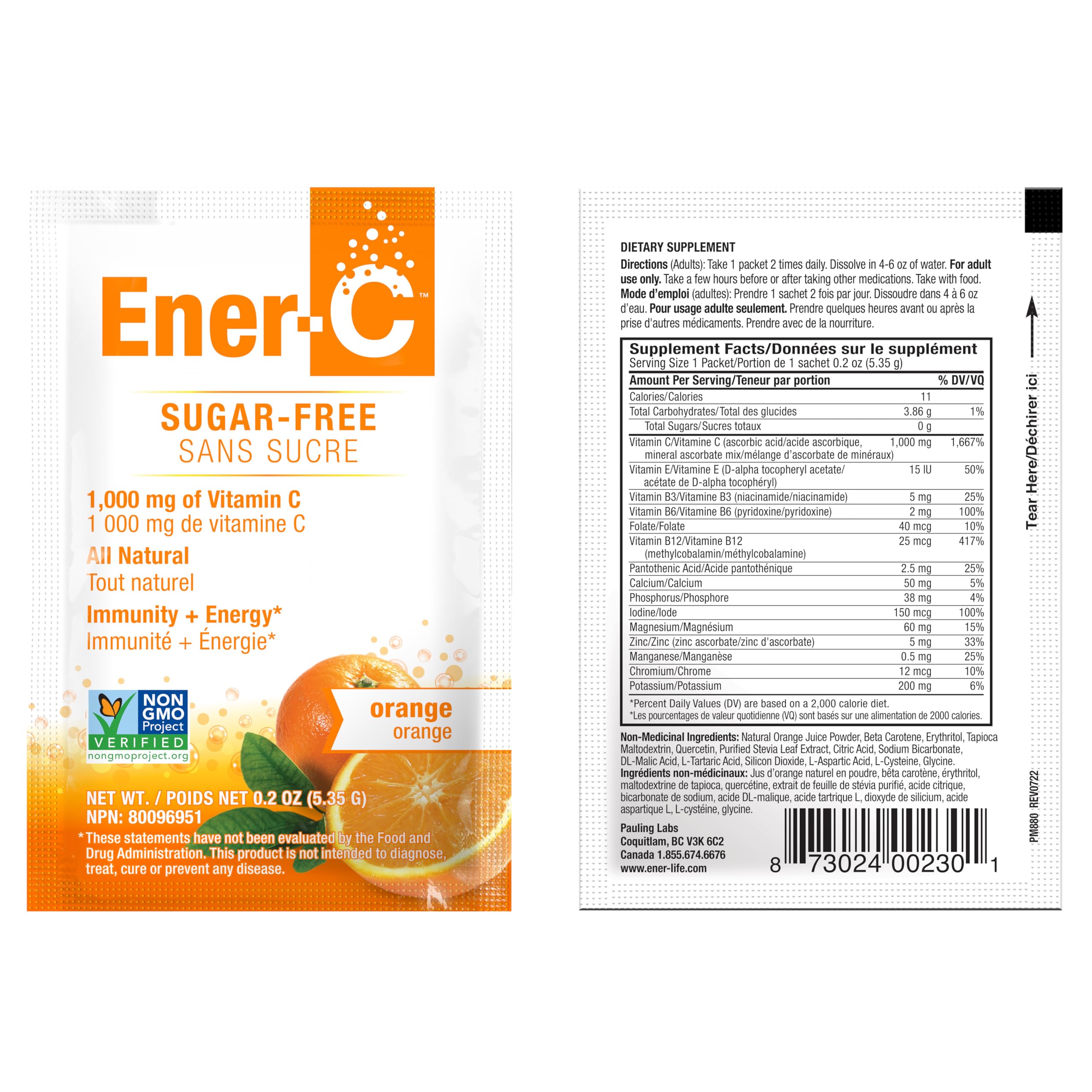 Ener-C Sugar-Free Orange Multivitamin Drink Mix – Vitamin C 1000mg & Electrolytes, 30 Count | Non-GMO, Vegan, Gluten Free
