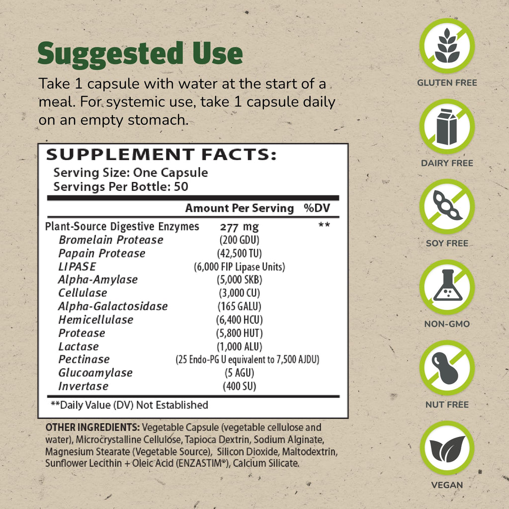 Master Supplements Enzalase - 50 Capsules | Probiotic-Compatible Digestive Enzymes | Gas & Bloating Relief | Gluten Free