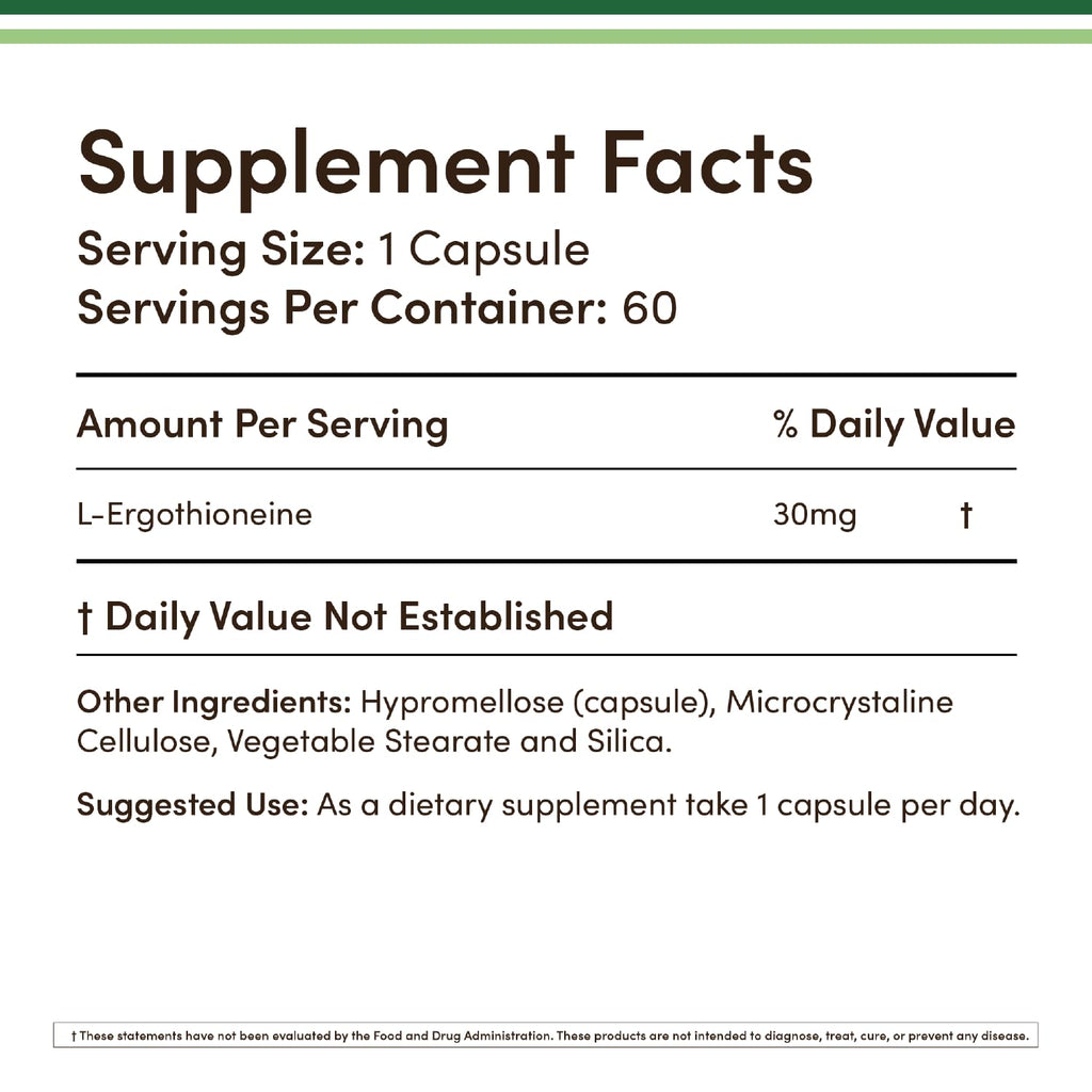 Ergothioneine 30mg Supplement - 60 Count, Plant-Based L-Ergothioneine (Non-GMO, Gluten Free, Vegan Safe) - Double Wood (Pack of 2)