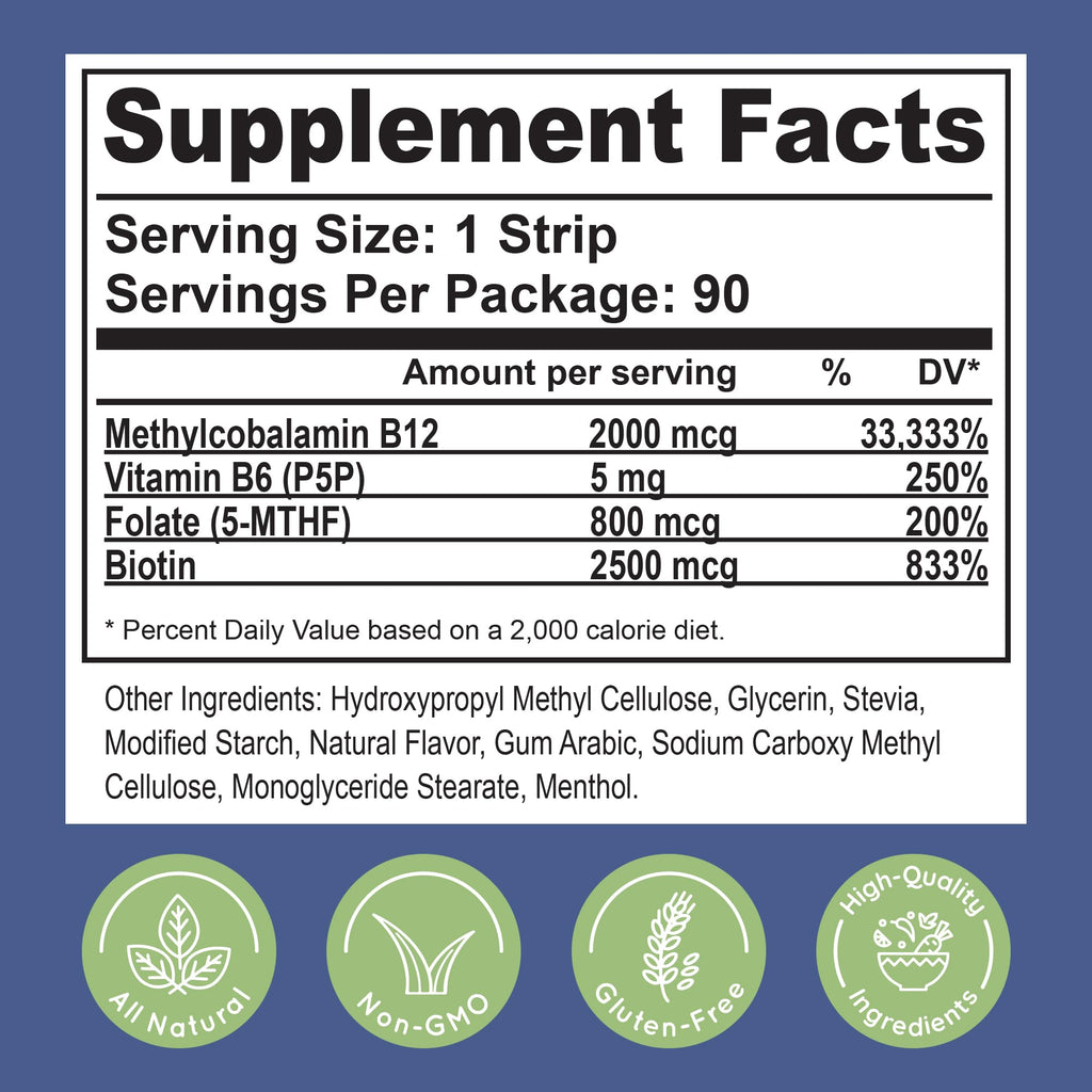 Essential Source 2,000 mcg Methylcobalamin B12 Sublingual Strips – Biotin, B6, 5-MTHF (5 Strips) | Energy, Brain & Nerve Support