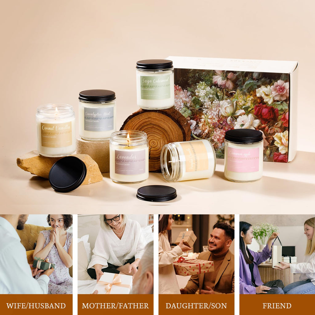 Christmas Candle Gift Set, 6 Natural Soy Wax Candles for Home, Long Burning Holiday Aromatherapy Set with Cinnamon Apple & Vanilla, Perfect Christmas Gifts for Women, Men, Friends & Family