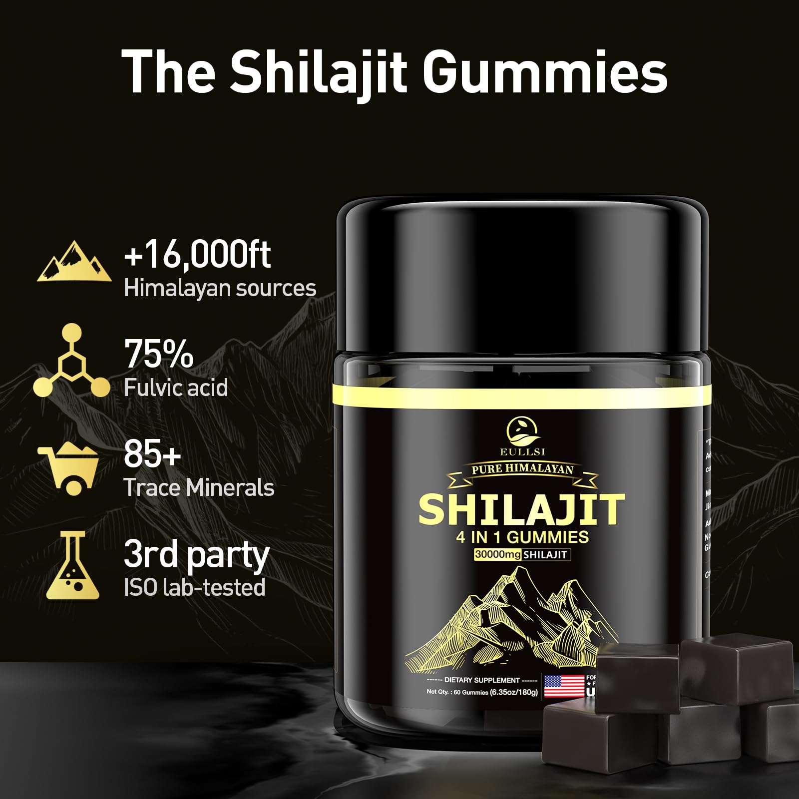 Eullsi Pure Himalayan Shilajit Gummies + Ashwagandha for Energy, Stamina & Immune Support | Vegan Non-GMO, 180 Count