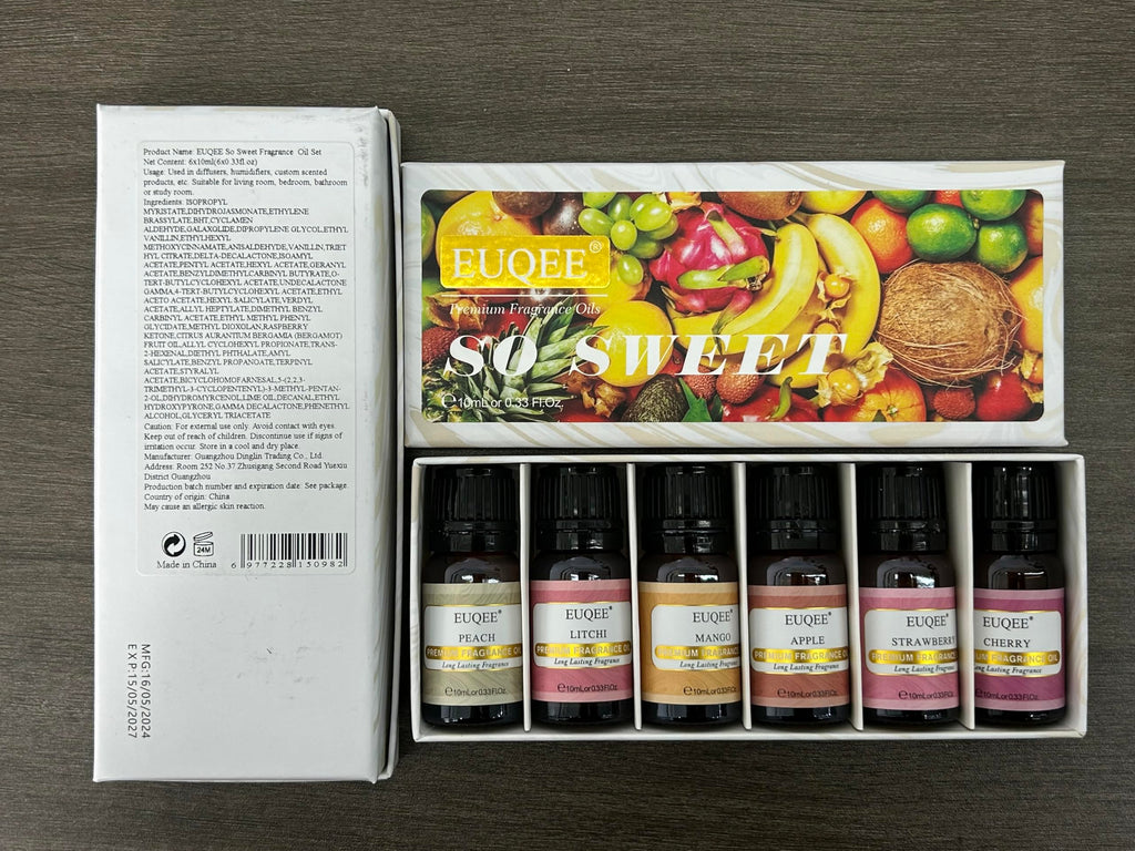 EUQEE Premium Fruit Fragrance Oils Gift Set – 6x10ml (Strawberry, Cherry, Litchi, Apple, Mango, Peach)