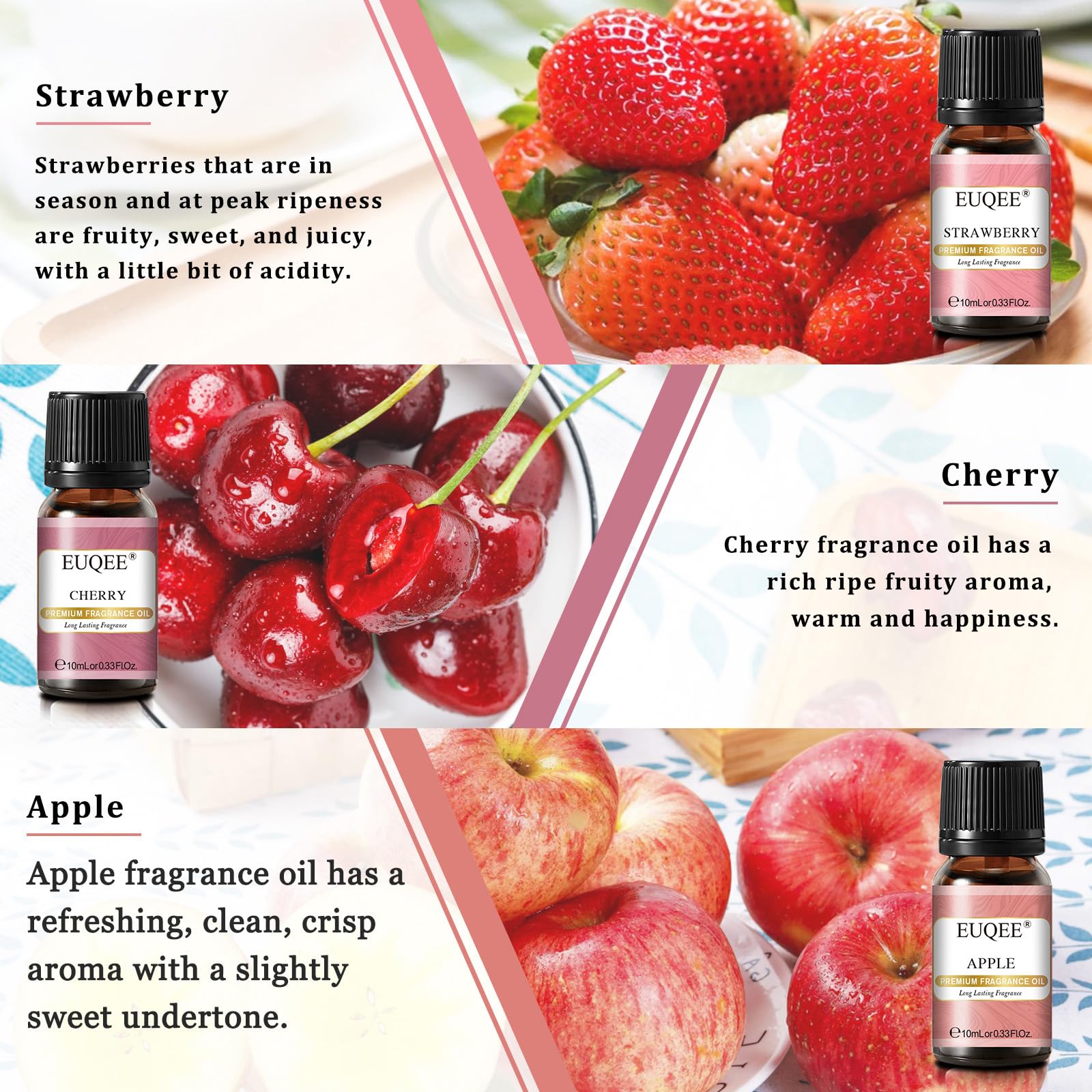 EUQEE Premium Fruit Fragrance Oils Gift Set – 6x10ml (Strawberry, Cherry, Litchi, Apple, Mango, Peach)