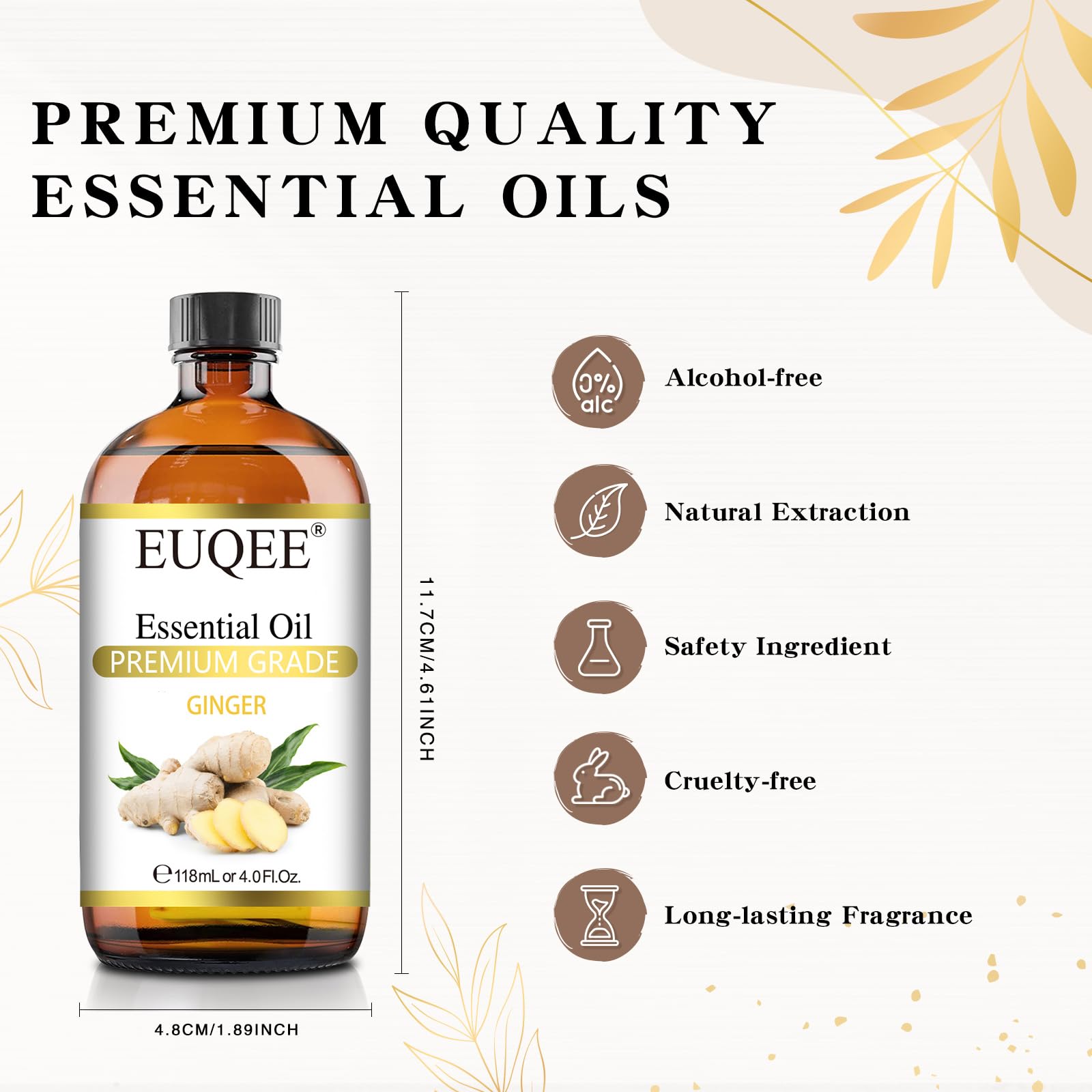 EUQEE Ginger Essential Oil 118mL – Pure Ginger Oil in Amber Bottle with Glass Dropper