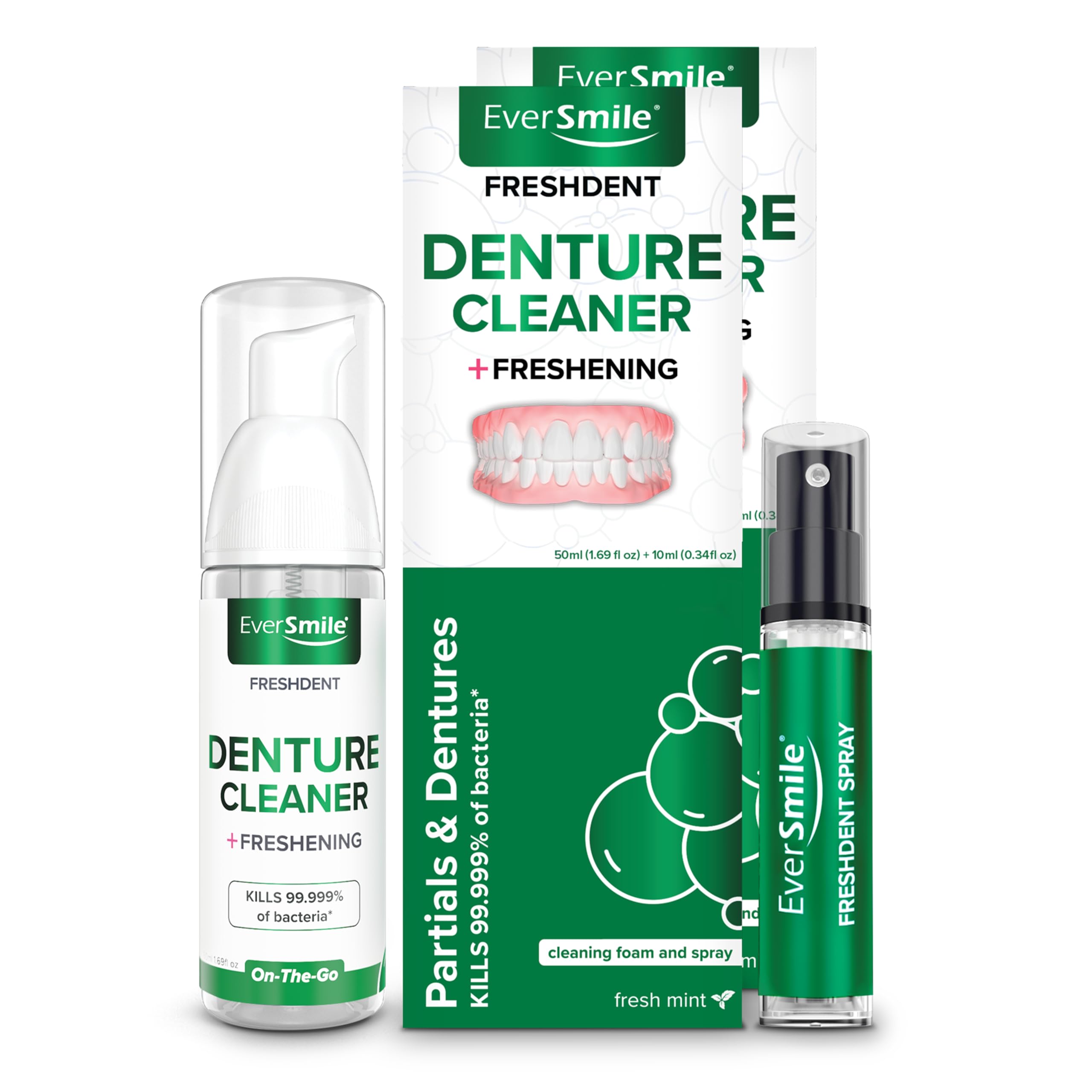 EverSmile FreshDent Denture Cleaner + Teeth Whitening Spray & Foam – 2pc Travel Size (50ml + 10ml)