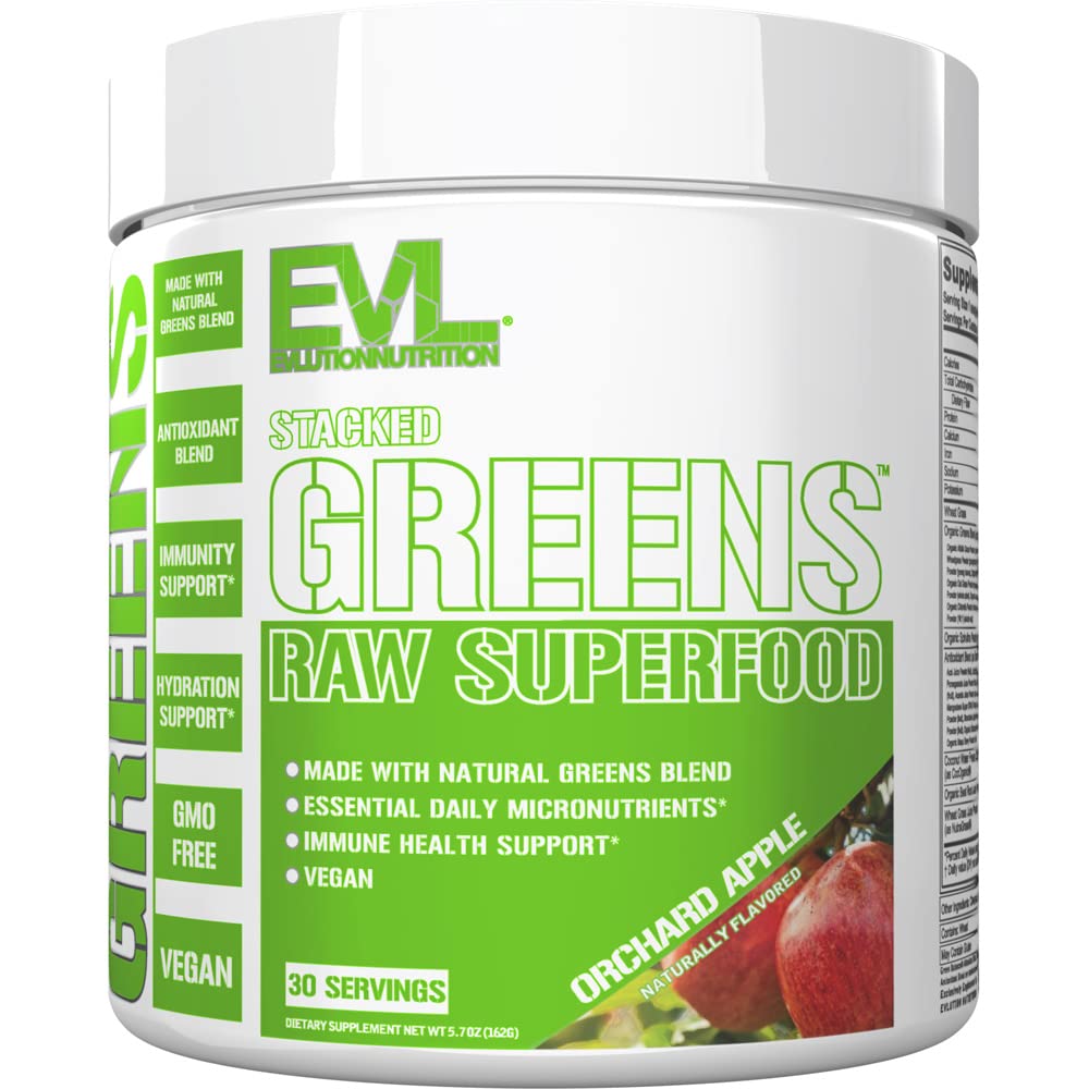 EVL Stacked Greens - Raw Superfood, Immunity & Hydration - Orchard Apple, 30 Servings
