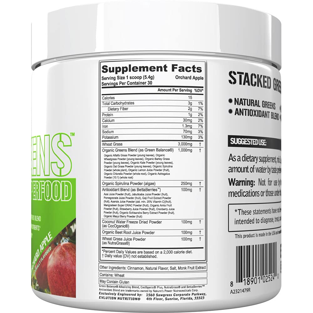 EVL Stacked Greens - Raw Superfood, Immunity & Hydration - Orchard Apple, 30 Servings