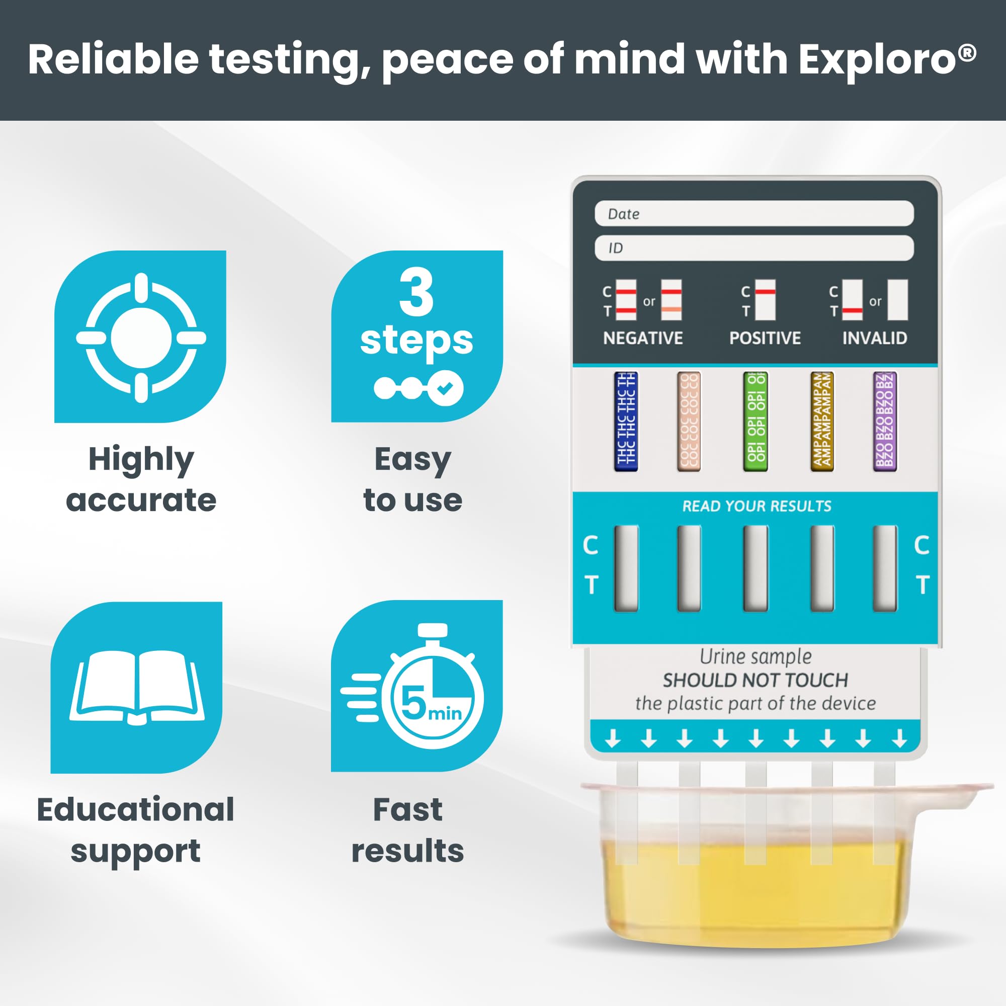 Exploro 5-Panel Drug Test Kit – At-Home Urine Test for THC, Cocaine, Opiates, Amphetamines & Benzodiazepines