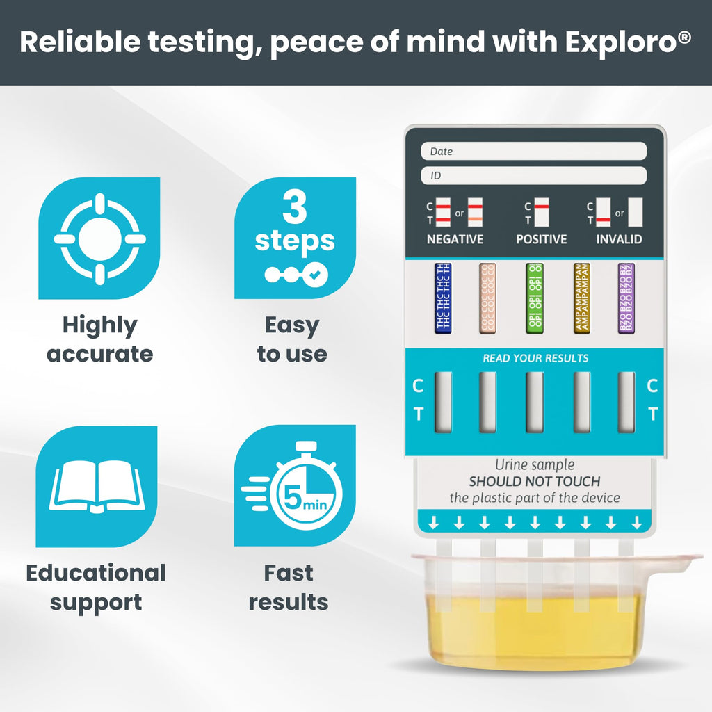 Exploro 5 Panel At-Home Drug Test Kit – Urine Test for THC, Cocaine, Opiates, Amphetamines and Benzodiazepines
