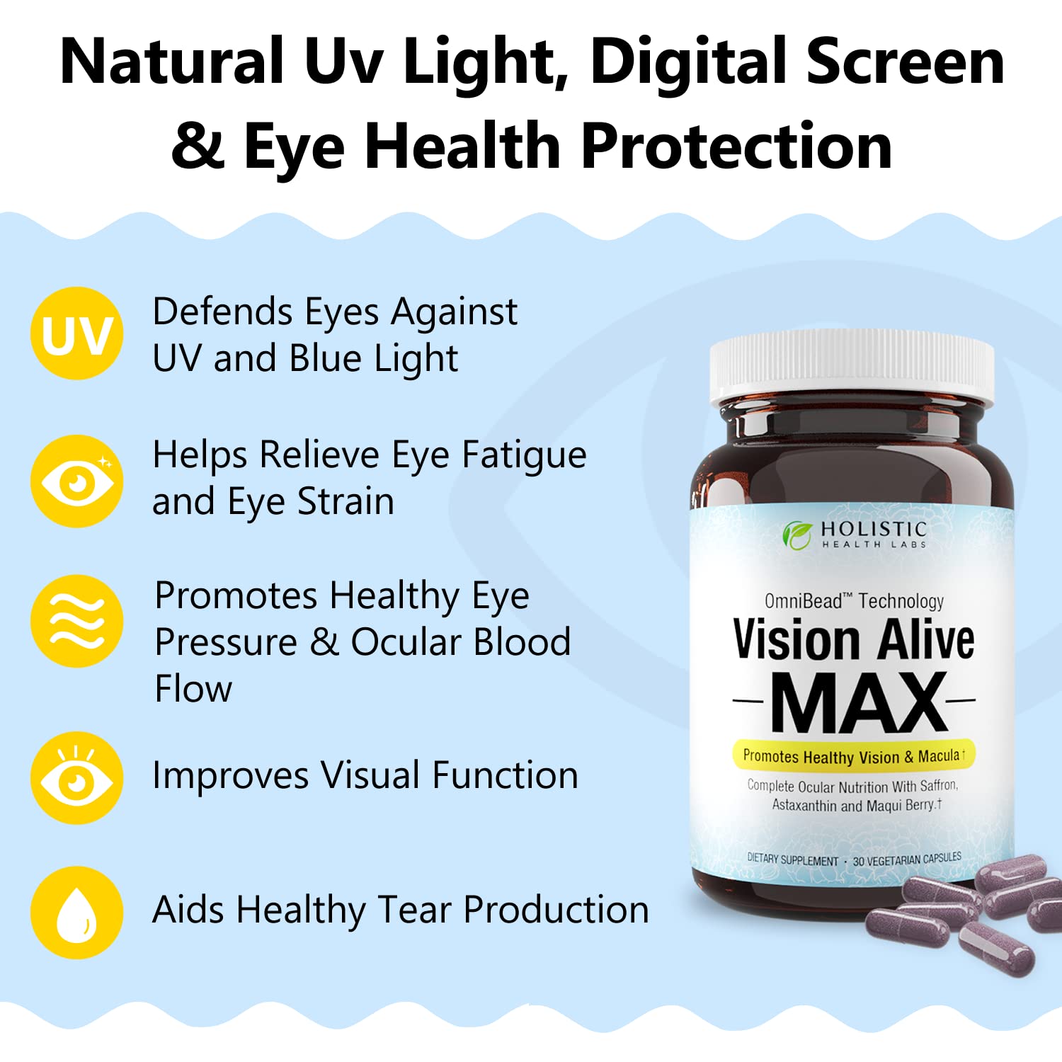 Holistic Health Labs Vision Alive Max – 8 Natural Eye Health Ingredients (Lutemax 2020, Bilberries, Blueberries, C3G from Black Currant, Maqui Berry, Saffron, Astaxanthin) – Pack of 3