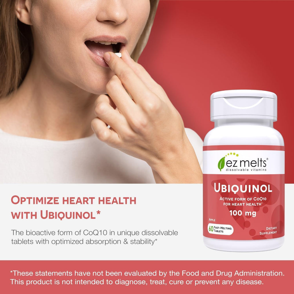 EZ Melts Ubiquinol 100 mg CoQ10—Heart Health & Energy Support, Apple Flavor, 120 Dissolvable Tablets