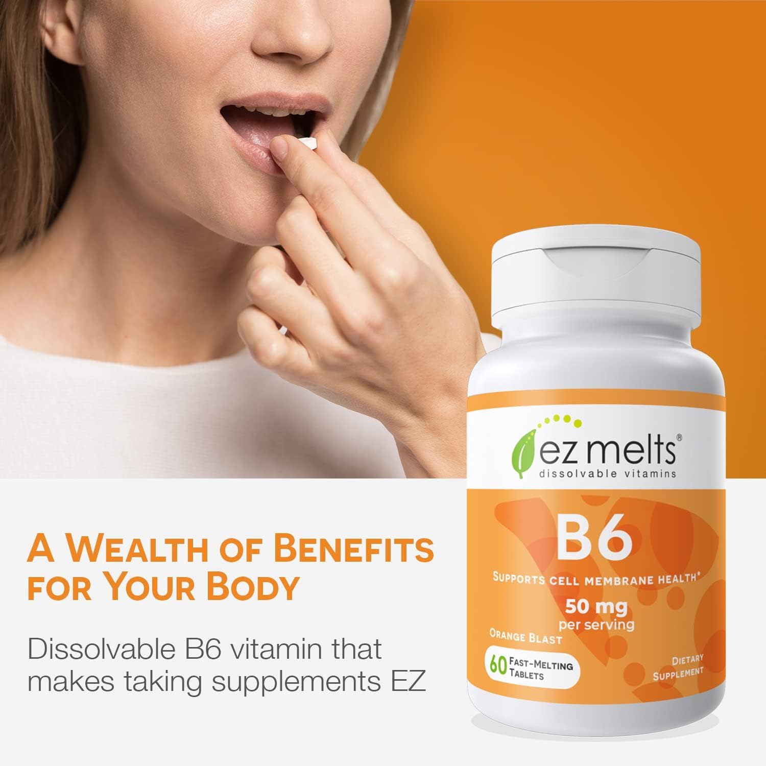 EZ Melts Dissolvable Vitamin B6 50 mg – Sugar-Free, 1-Month Supply (2 Pack)