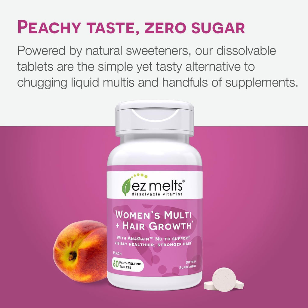 EZ Melts Women's Multi + Hair Growth – Peach, 120 Dissolvable Tablets (60 Servings) – Vegan & Non-GMO