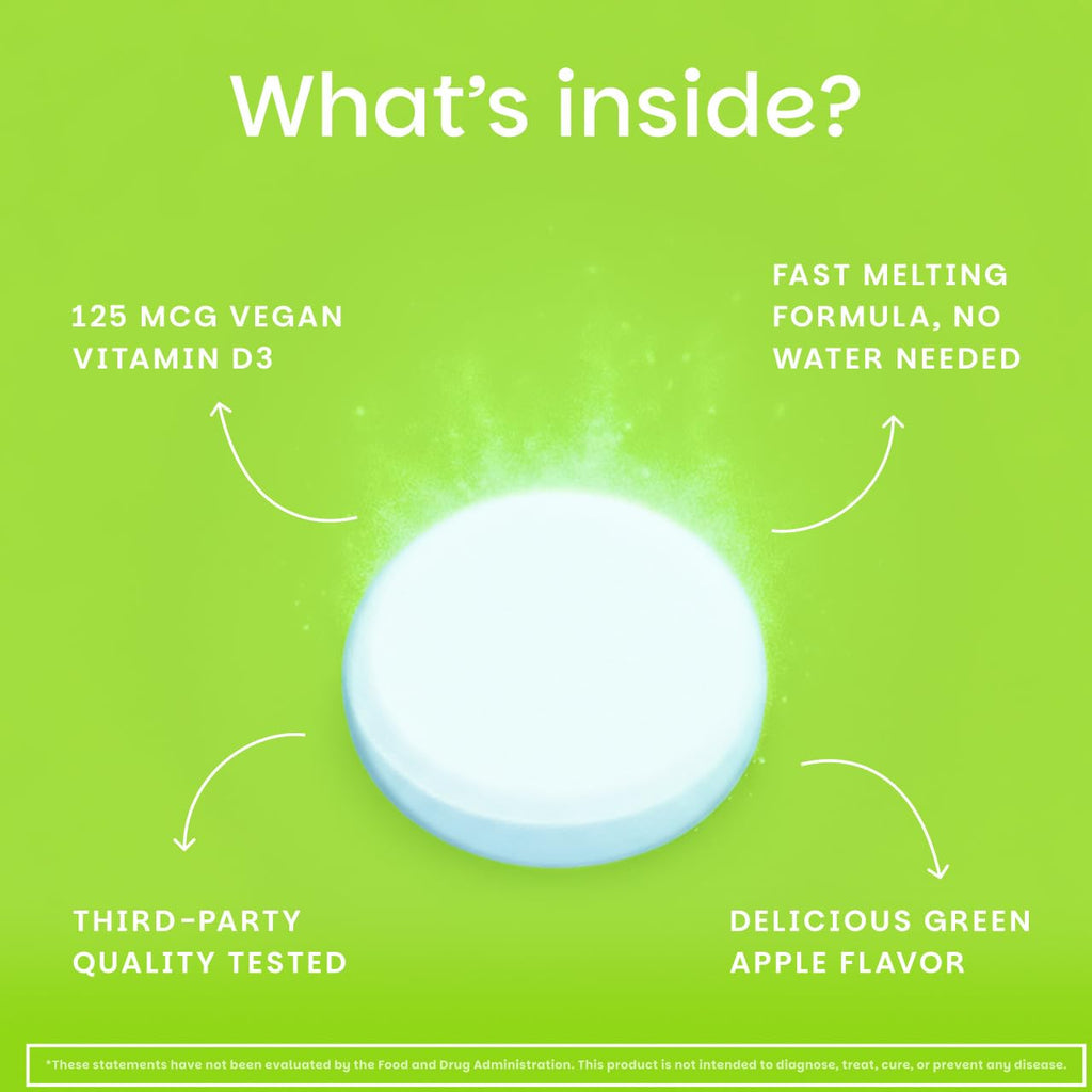 EZ Melts Dissolvable Vitamin D3 5,000 IU – Vegan, Plant-Based, Non-GMO | 90 Tablets, Green Apple