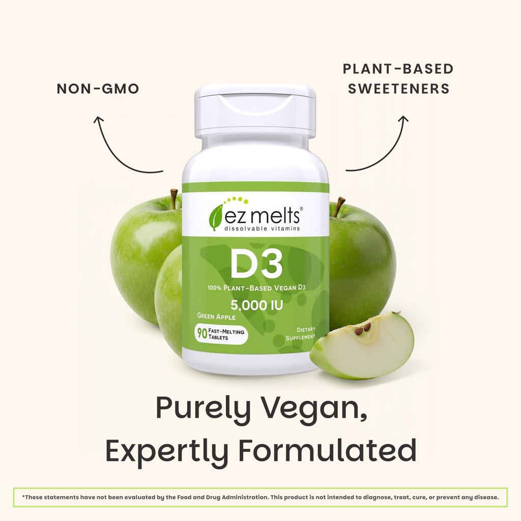 EZ Melts Dissolvable Vitamin D3 5,000 IU – Vegan, Plant-Based, Non-GMO | 90 Tablets, Green Apple
