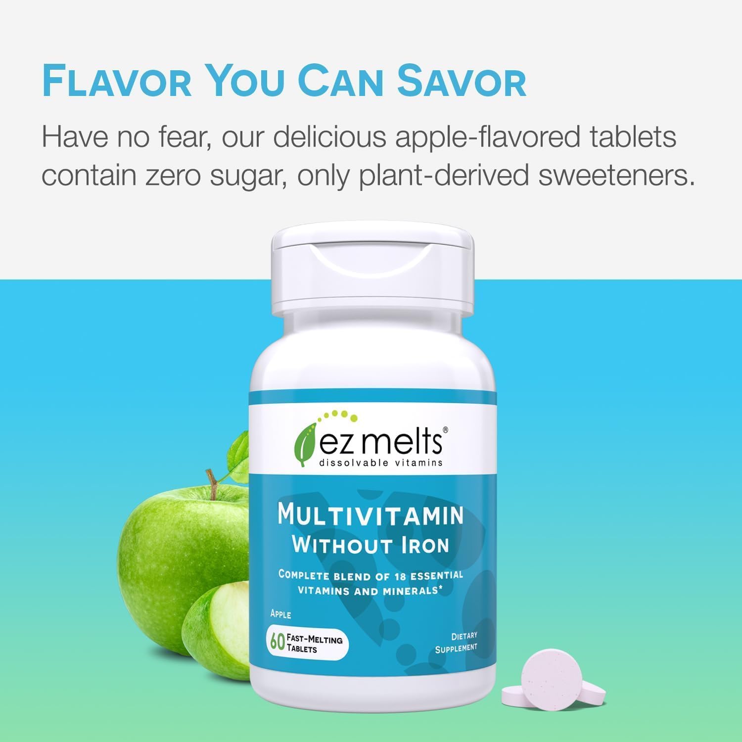 EZ Melts Multivitamin Without Iron – Apple Flavor, 18 Vitamins & Minerals, 120 Fast-Dissolve Tablets