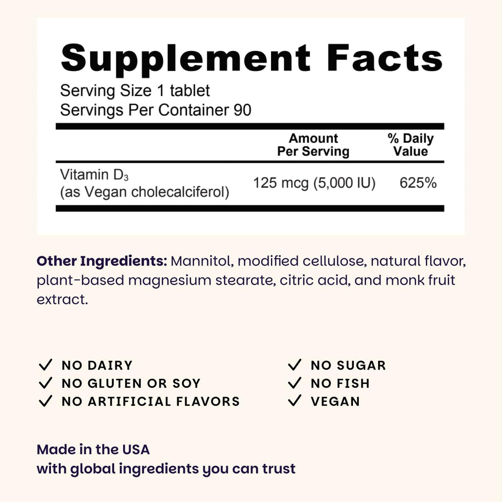 EZ Melts Dissolvable Vitamin D3 5,000 IU – Vegan, Plant-Based, Non-GMO | 90 Tablets, Green Apple