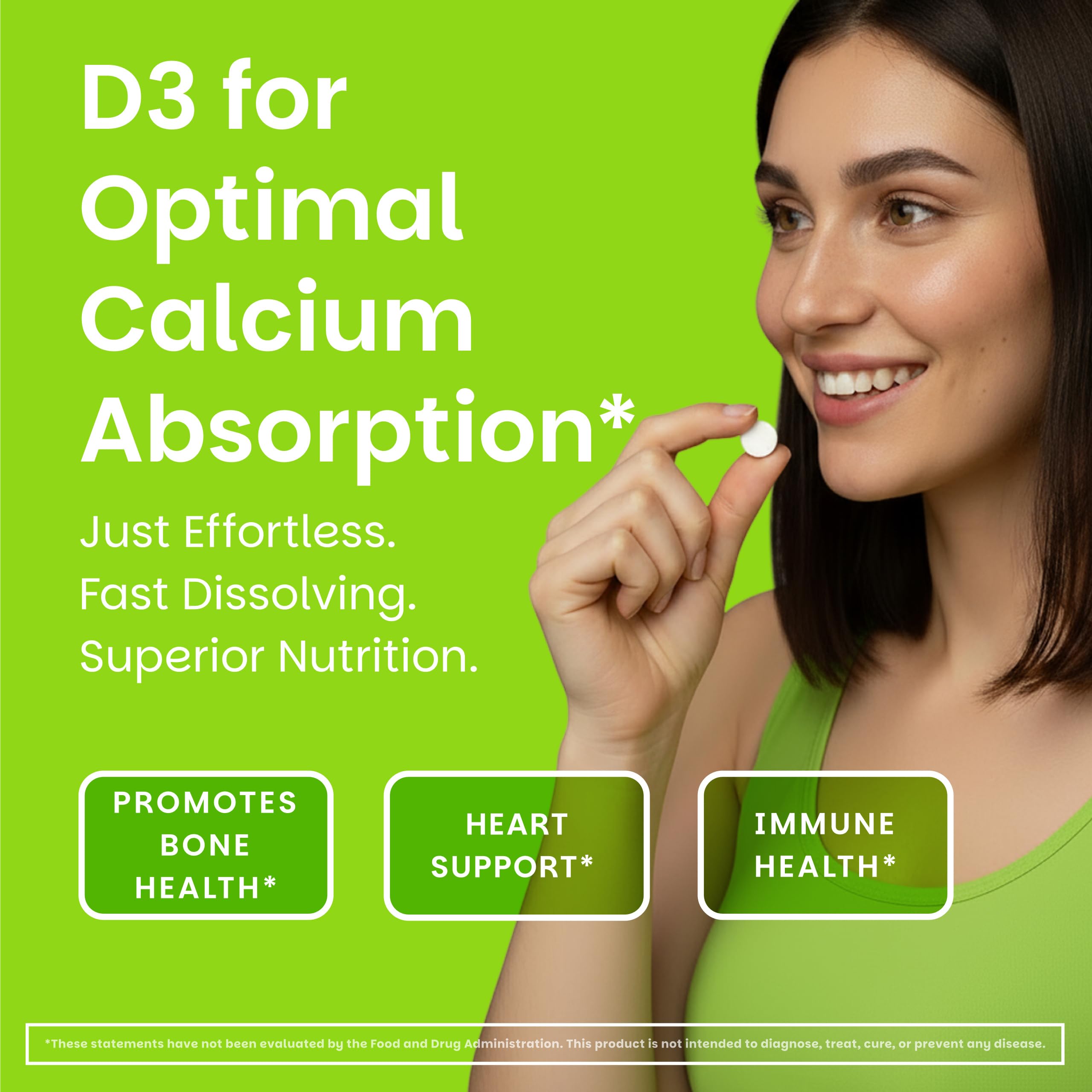 EZ Melts Dissolvable Vitamin D3 5,000 IU – Vegan, Plant-Based, Non-GMO | 90 Tablets, Green Apple