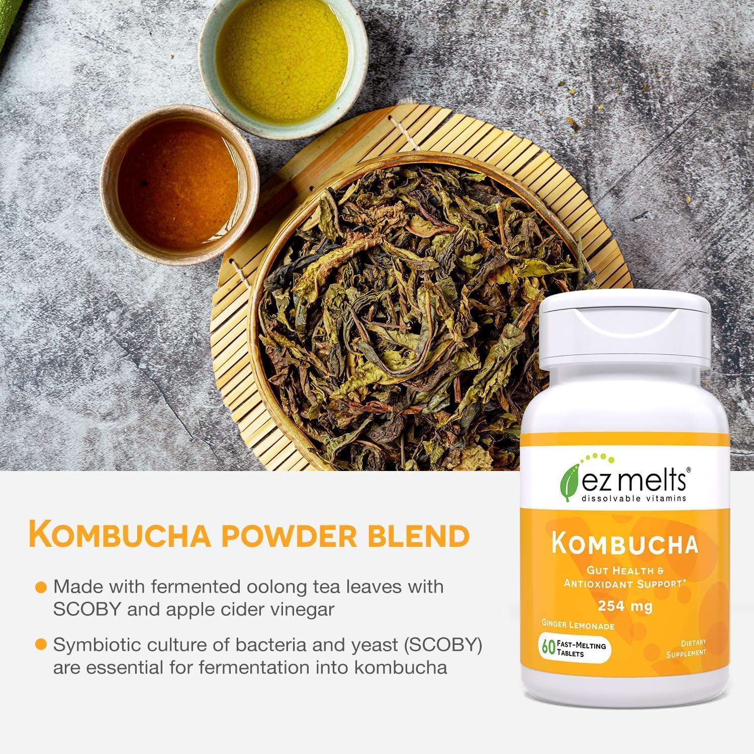 EZ Melts: Dissolvable Sugar-Free Kombucha Tablets with SCOBY & Apple Cider Vinegar