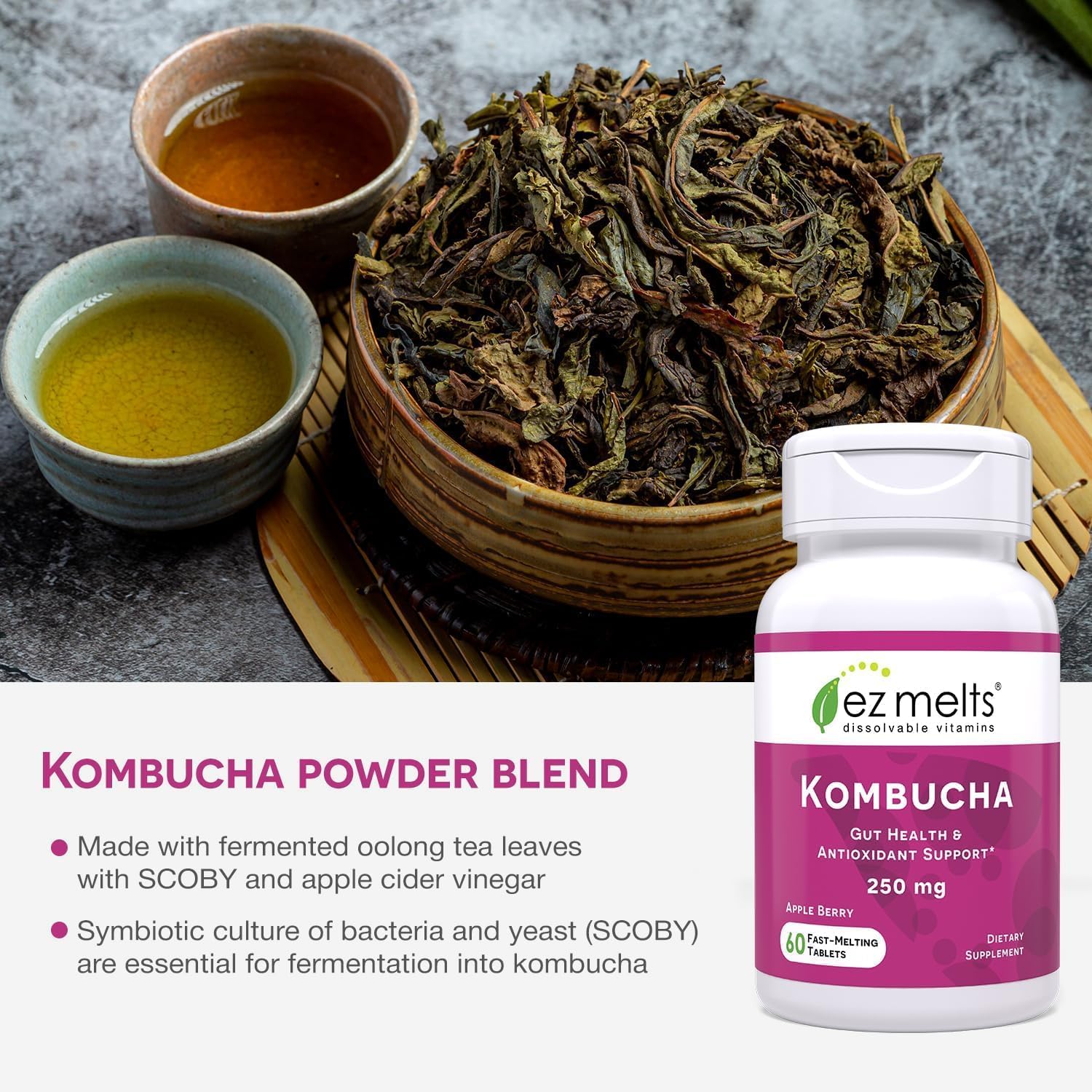 EZ Melts Sugar-Free Kombucha Tablets with SCOBY & Apple Cider Vinegar