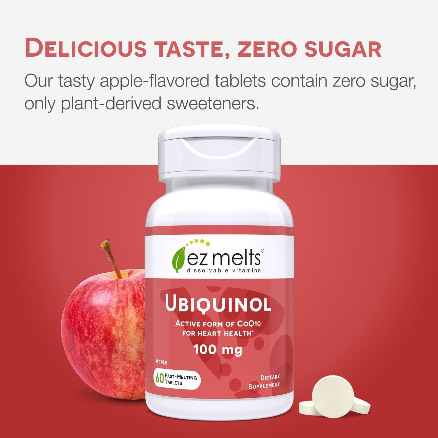 EZ Melts Ubiquinol 100 mg CoQ10—Heart Health & Energy Support, Apple Flavor, 120 Dissolvable Tablets