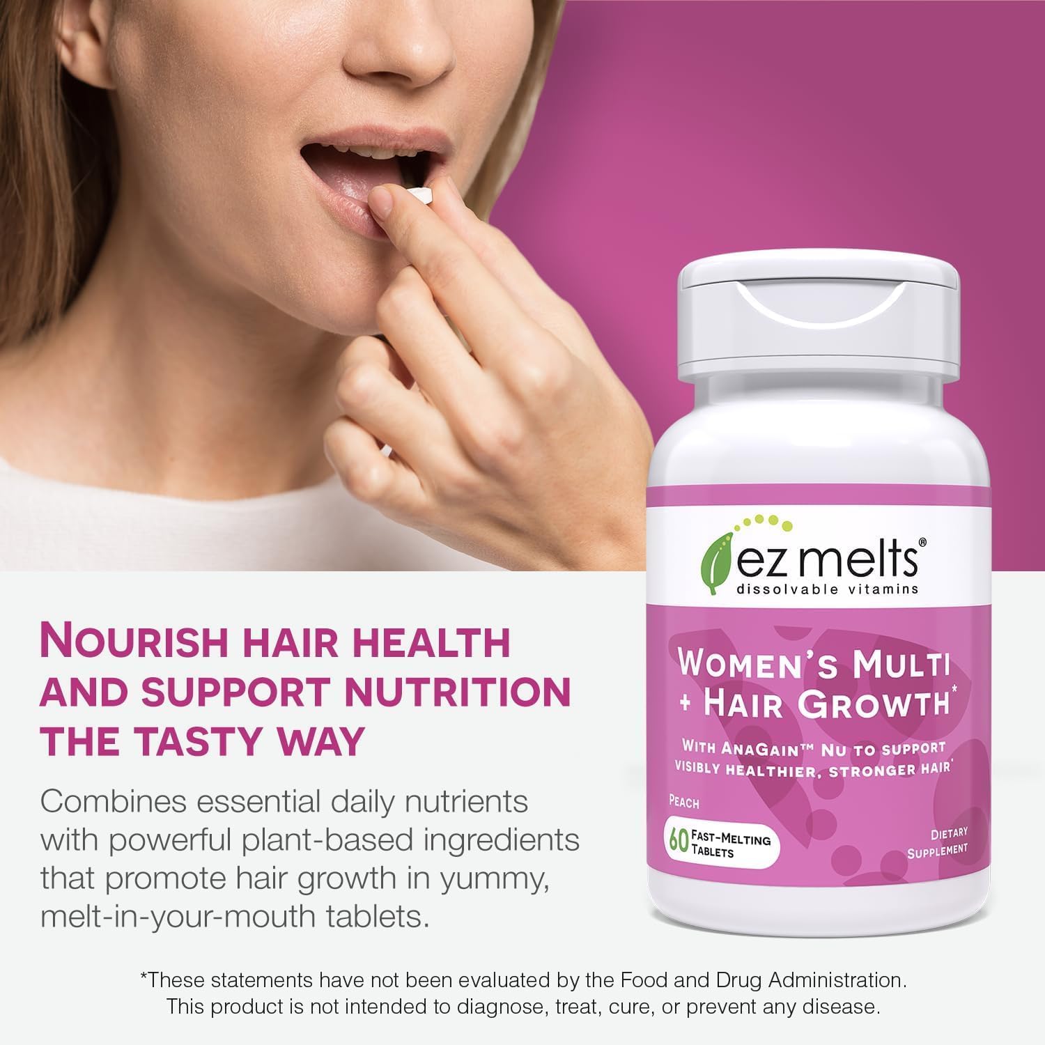 EZ Melts Women's Multi + Hair Growth – Peach Dissolvable Multivitamin for Women (60 Tablets) – Vegan & Non-GMO