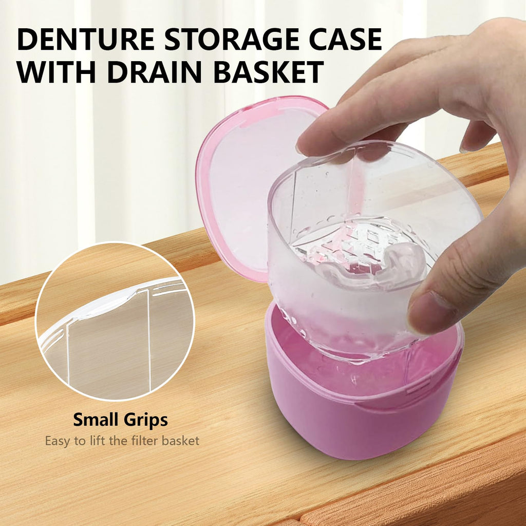 EZEELAI Partial Denture Case Leak Proof with Strainer Basket and Brush | Waterproof Denture Cup Retainer - Pink