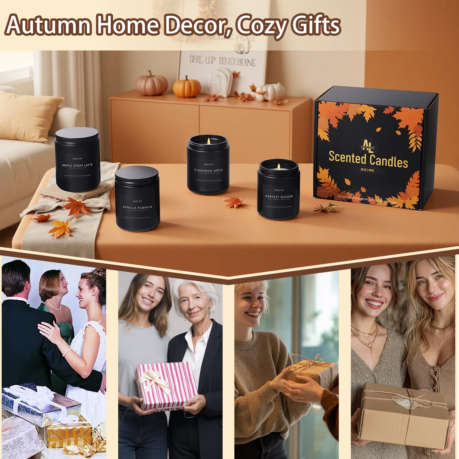 Fall & Winter Holiday Candle Set 4-Pack – Cozy Soy Candles: Pumpkin Vanilla, Cinnamon Apple, Harvest Season, Maple Syrup Latte