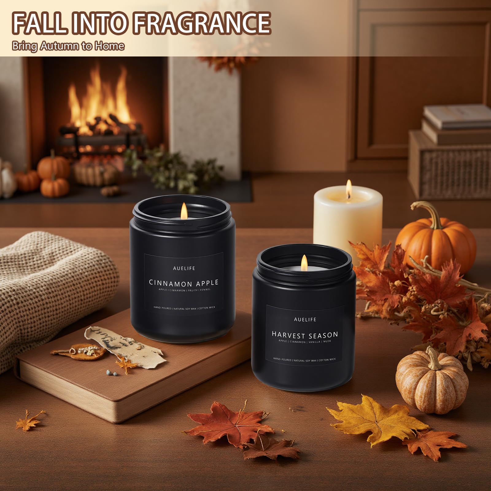 Fall & Winter Holiday Candle Set 4-Pack – Cozy Soy Candles: Pumpkin Vanilla, Cinnamon Apple, Harvest Season, Maple Syrup Latte