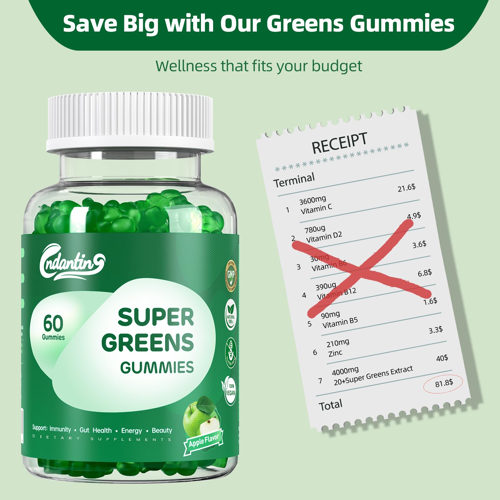 Multivitamin Super Greens Gummies for Women - Vegan Apple, 60 Count