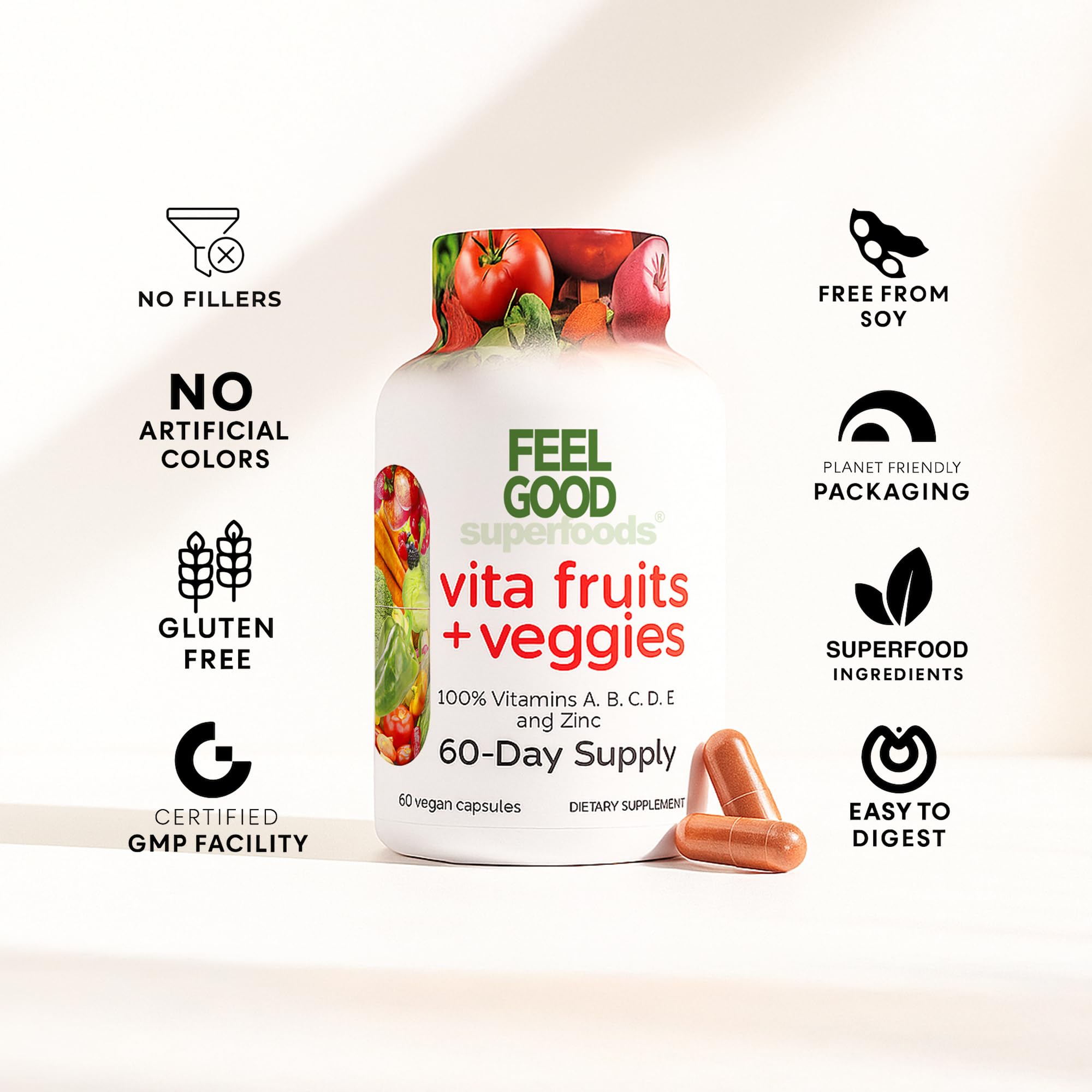 FeelGood Superfoods 1000mg Immune Support Capsules – 25 Organic Fruits & Vegetables, 60 Count
